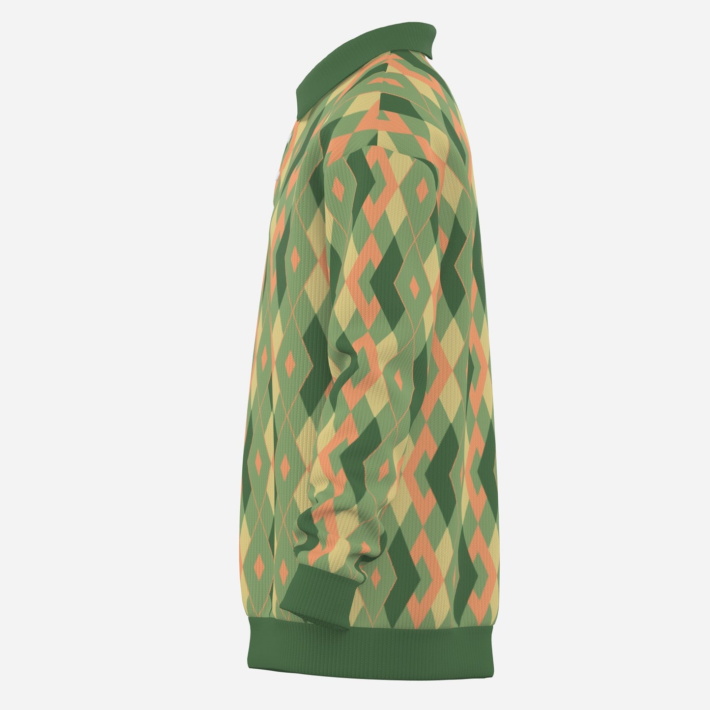 Men’s 60s Style Geometric Knit Polo Shirt | Modern Retro Polo Shirt |Green Retro Long Sleeve Polo