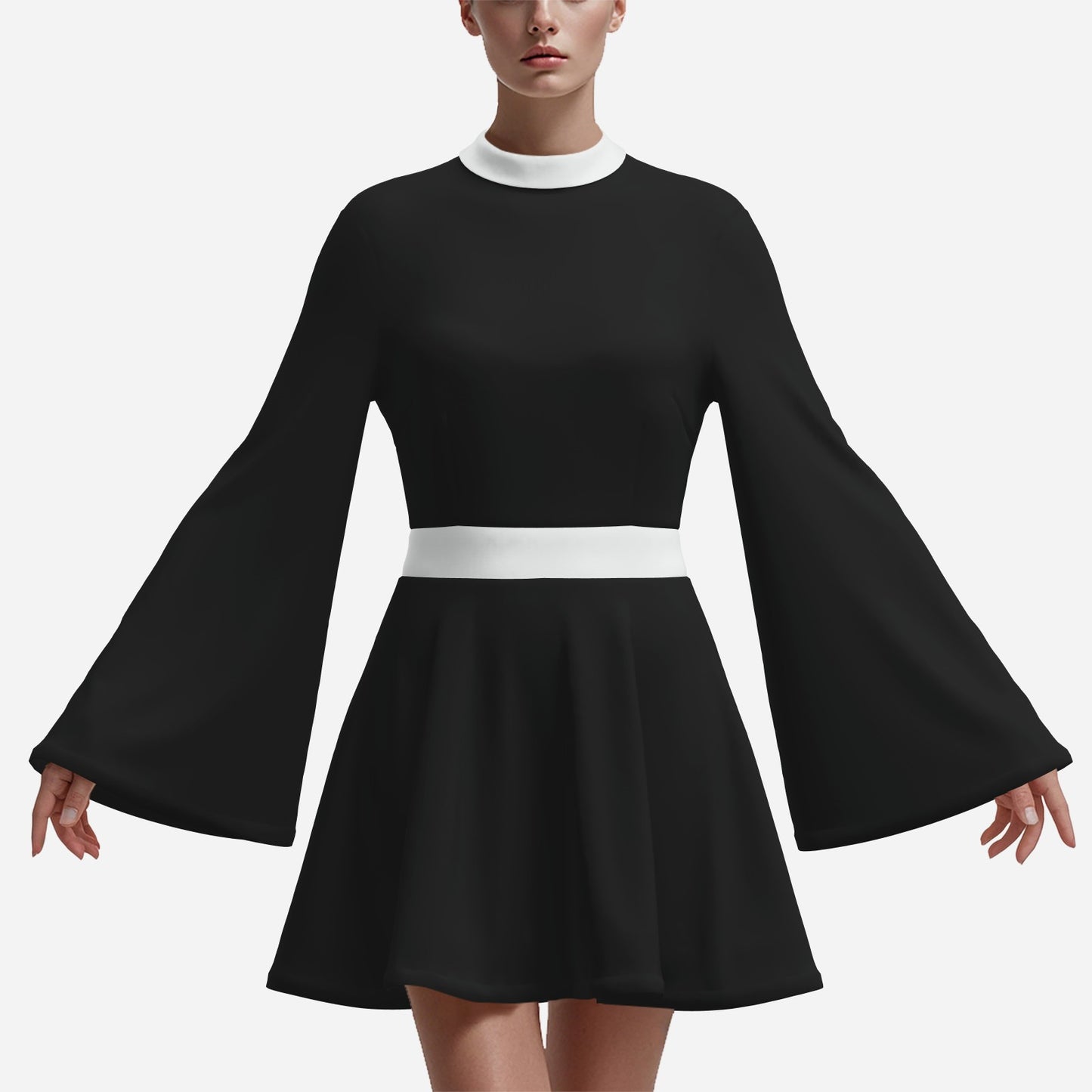 70s Dress Style | Vintage 70s Chiffon Dresses | Retro Black and White Bell Sleeve Dress | A-Line 70s Mini Dresses