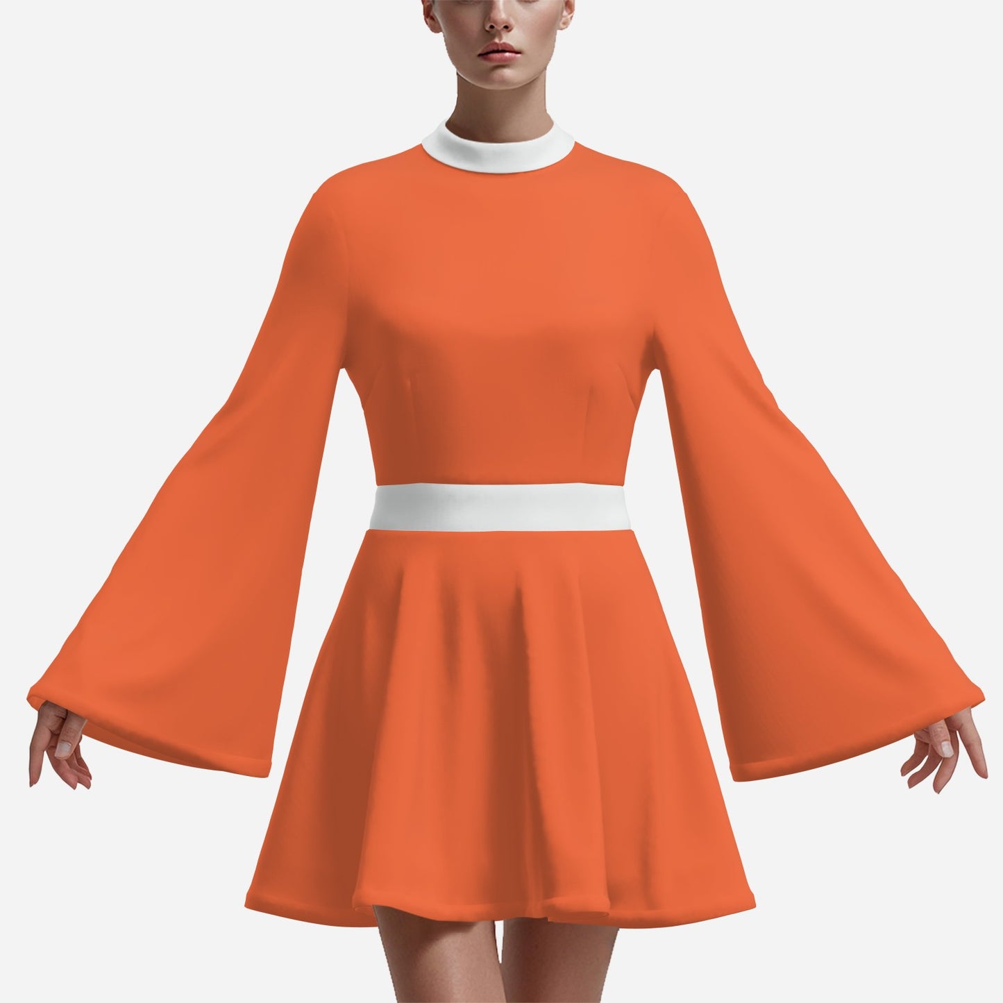 70s Dress Style | Vintage 70s Chiffon Dresses | Retro Orange & White Bell Sleeve Dress | A-Line 70s Mini Dresses
