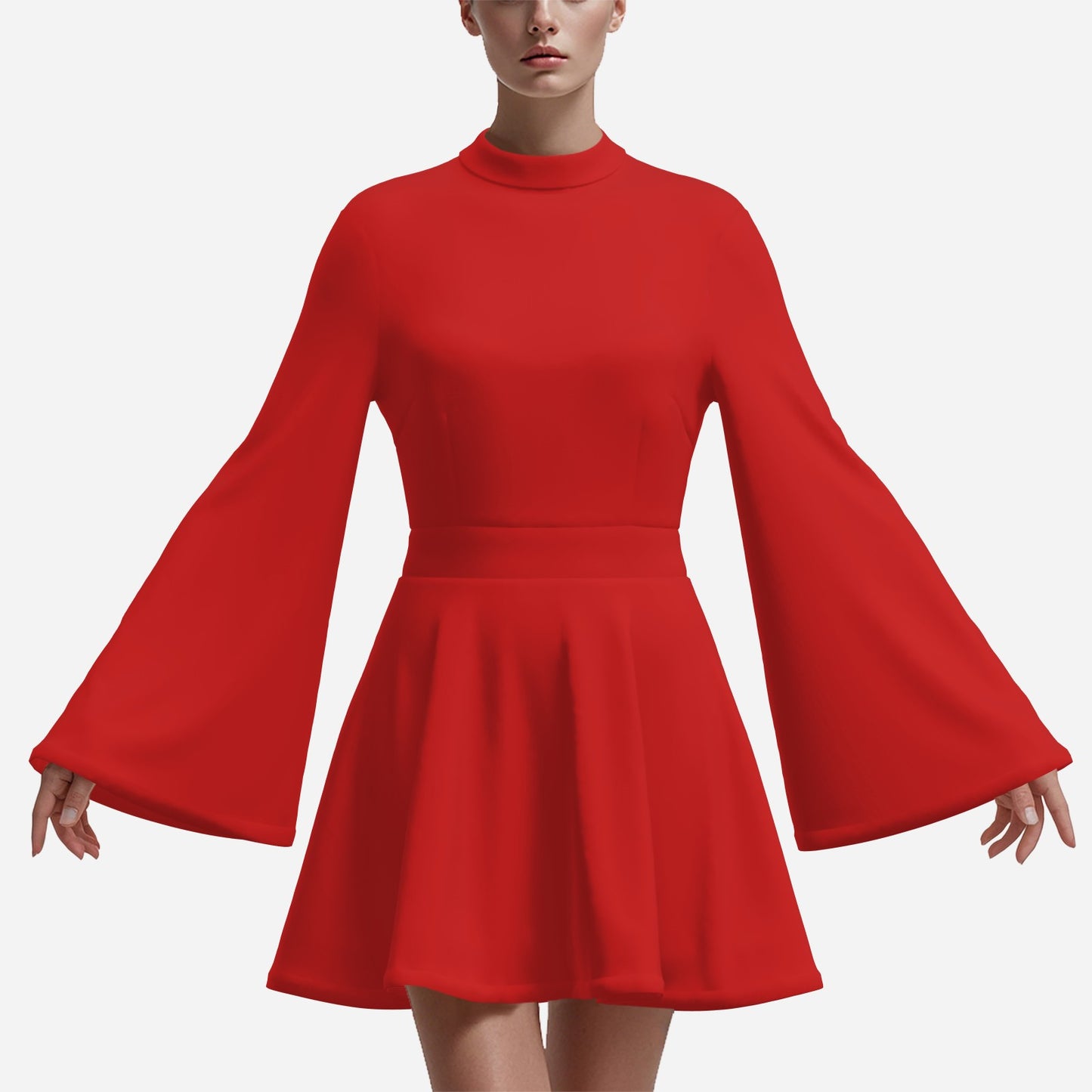 Retro Semi-Sheer Red Chiffon 70s Dress | Bell Sleeve Mini Disco Dress | Red Turtleneck Party Dress | Red 70s Inspired Dress
