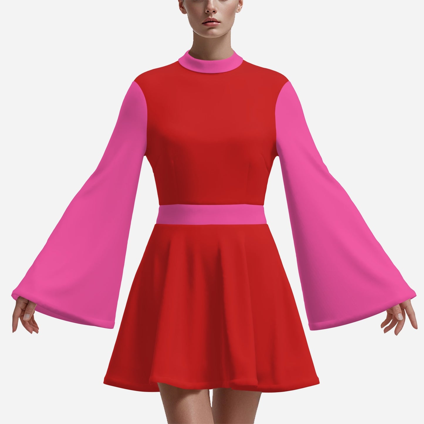 Retro Semi Sheer Pink Red Chiffon 70s Bell Sleeve Mini Dress | 70s Disco Dress