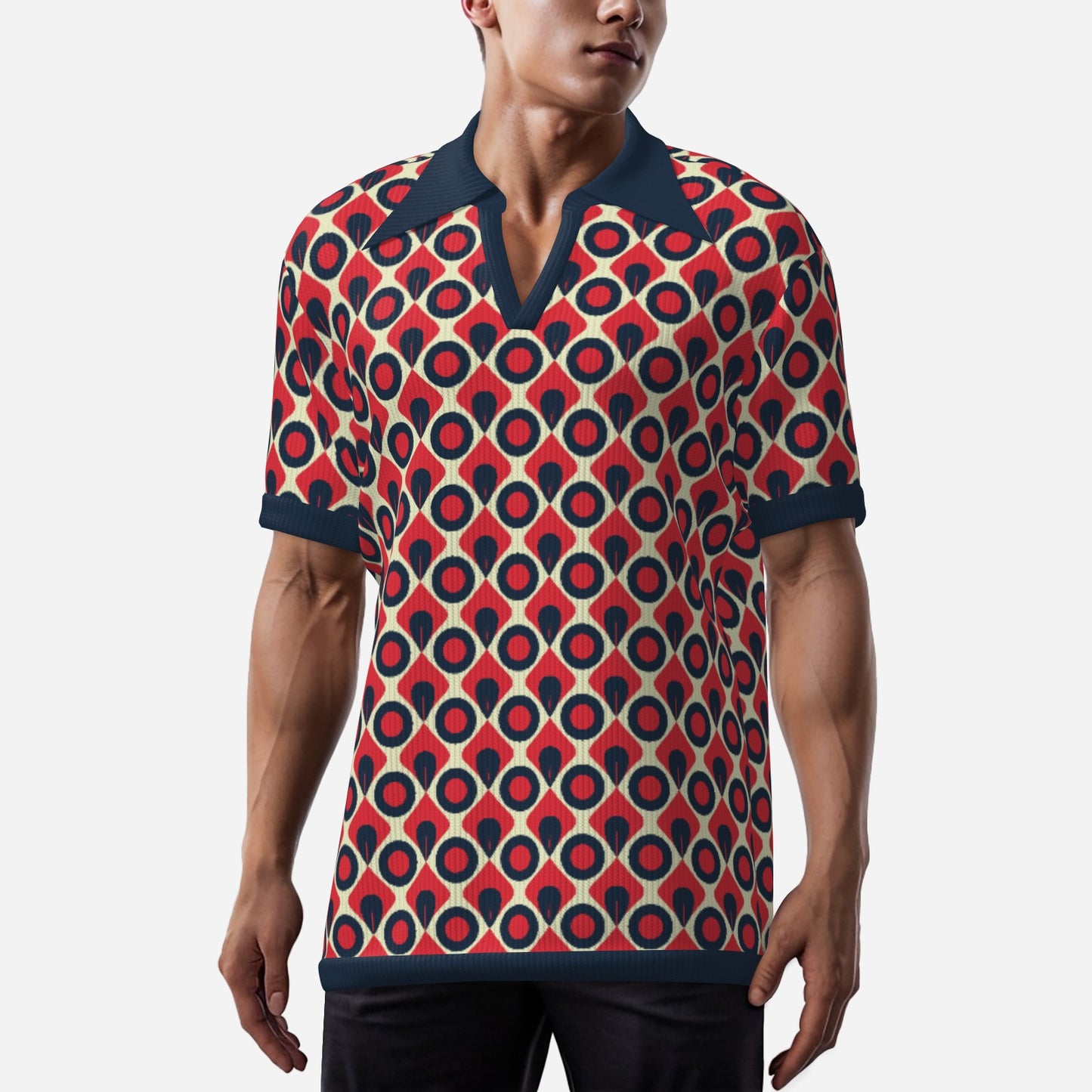 70s Polo Shirt | Retro Knit Disco Shirt | Mod Red & Blue Geometric Polo | Vintage Style Top – Trendy Hip Buys