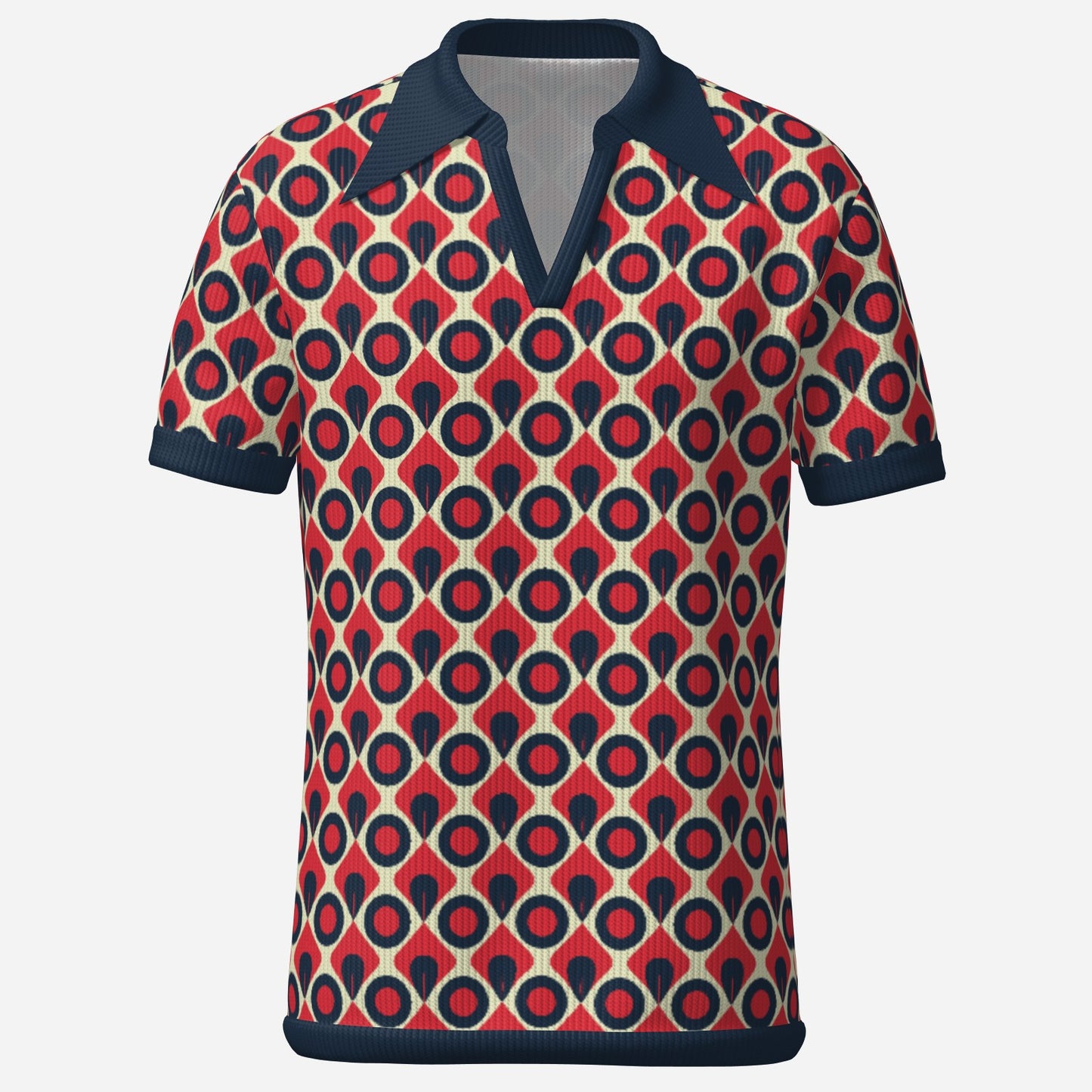 70s Polo Shirt | Retro Knit Disco Shirt | Mod Red & Blue Geometric Polo | Vintage Style Top – Trendy Hip Buys