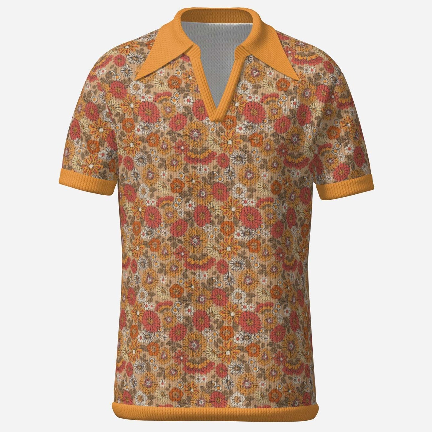 Retro Polo Shirt Men, Men's 70s Style Polo Shirt | Retro Dagger Collar Floral Knit Polo | 70s inspired Orange Floral Polo Shirt
