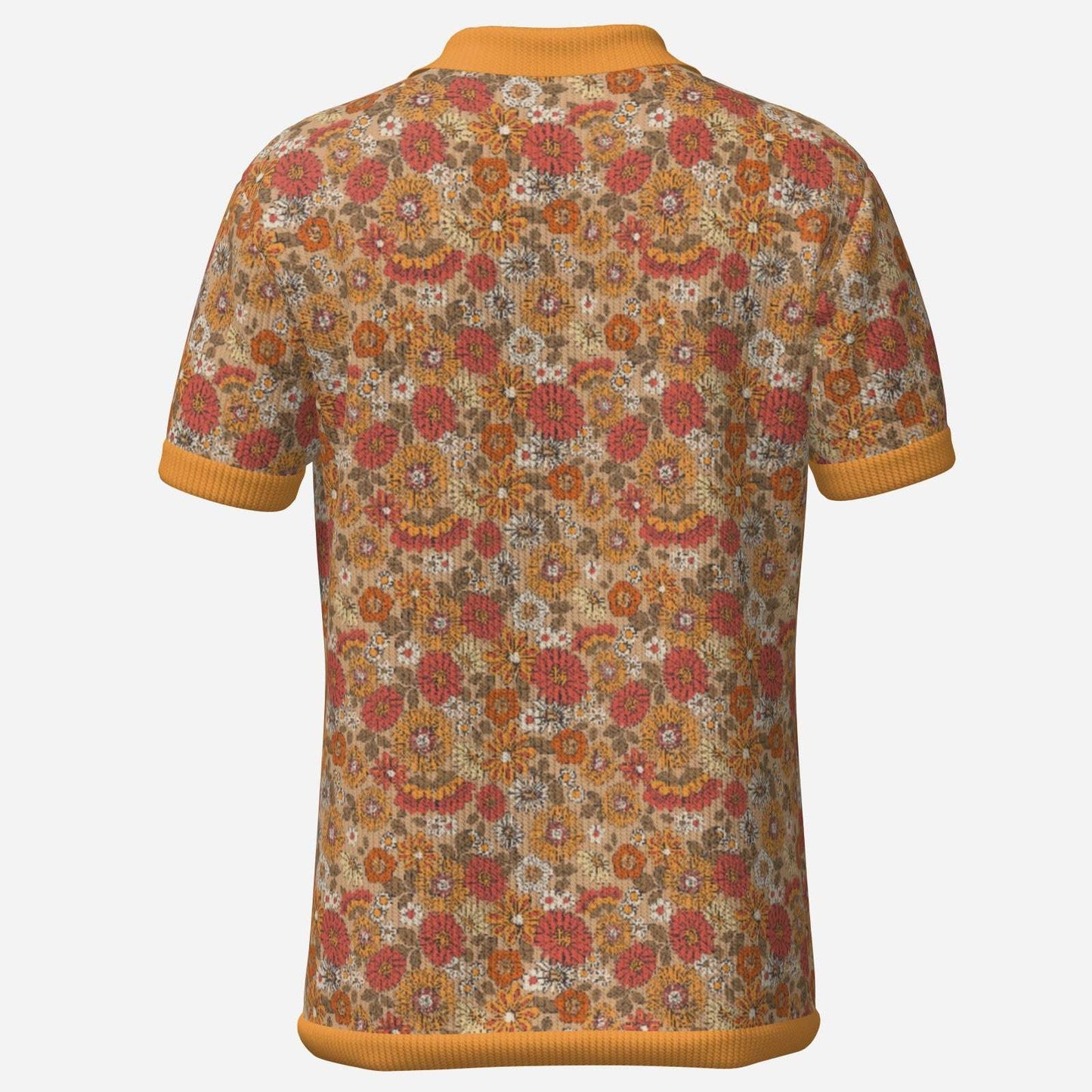Retro Polo Shirt Men, Men's 70s Style Polo Shirt | Retro Dagger Collar Floral Knit Polo | 70s inspired Orange Floral Polo Shirt