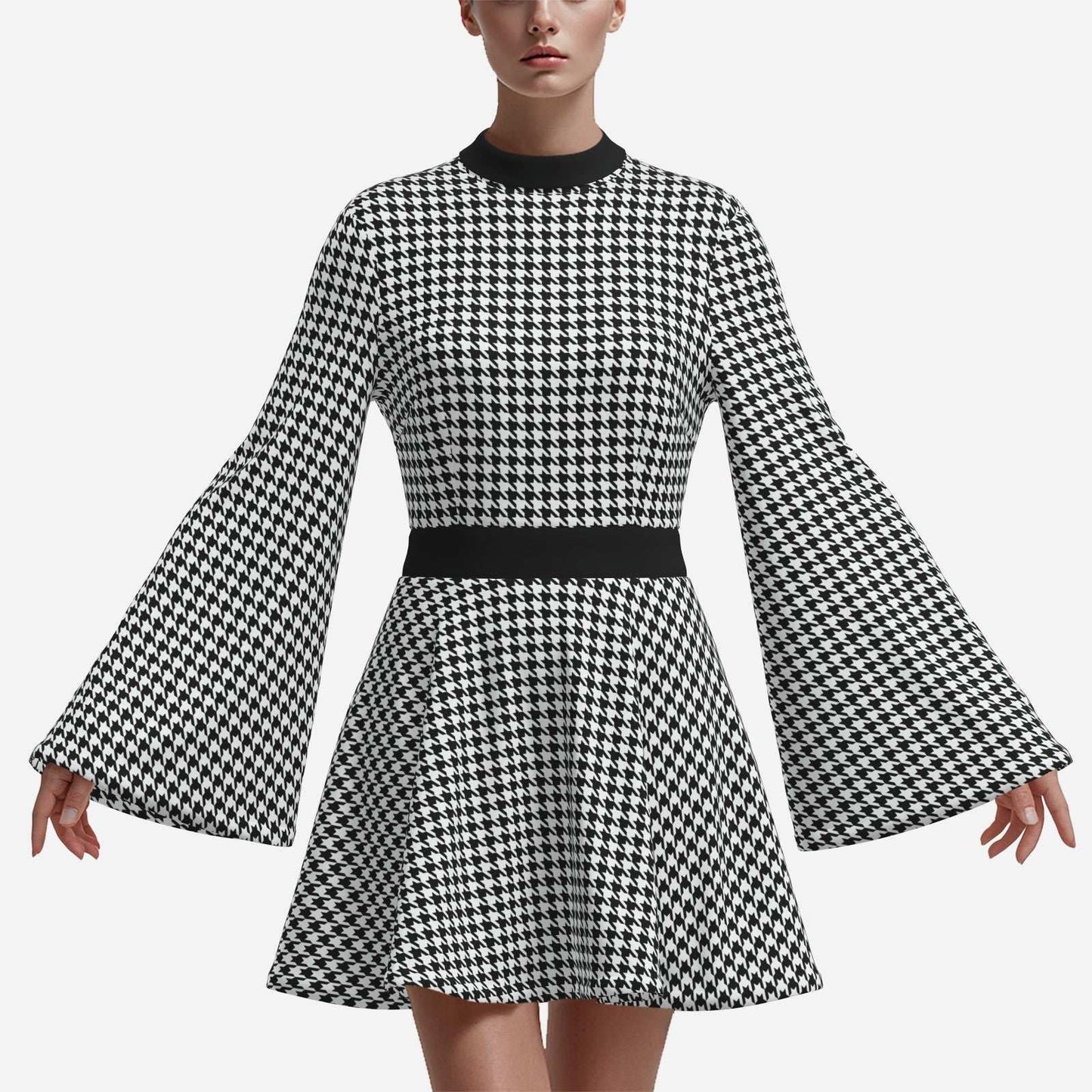 70s Dress Style, Retro Black Houndstooth Bell Sleeve Mini Dress | Retro Chiffon A-Line Disco Dress
