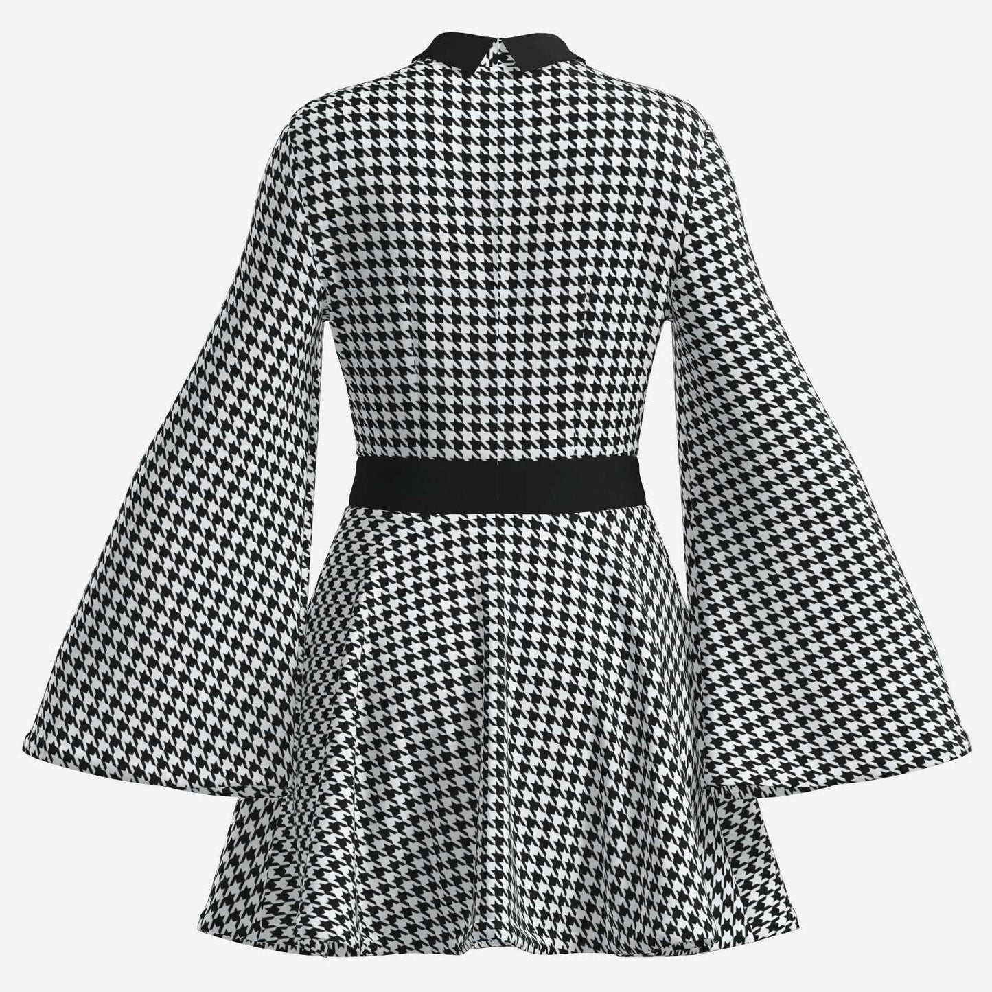 70s Dress Style, Retro Black Houndstooth Bell Sleeve Mini Dress | Retro Chiffon A-Line Disco Dress