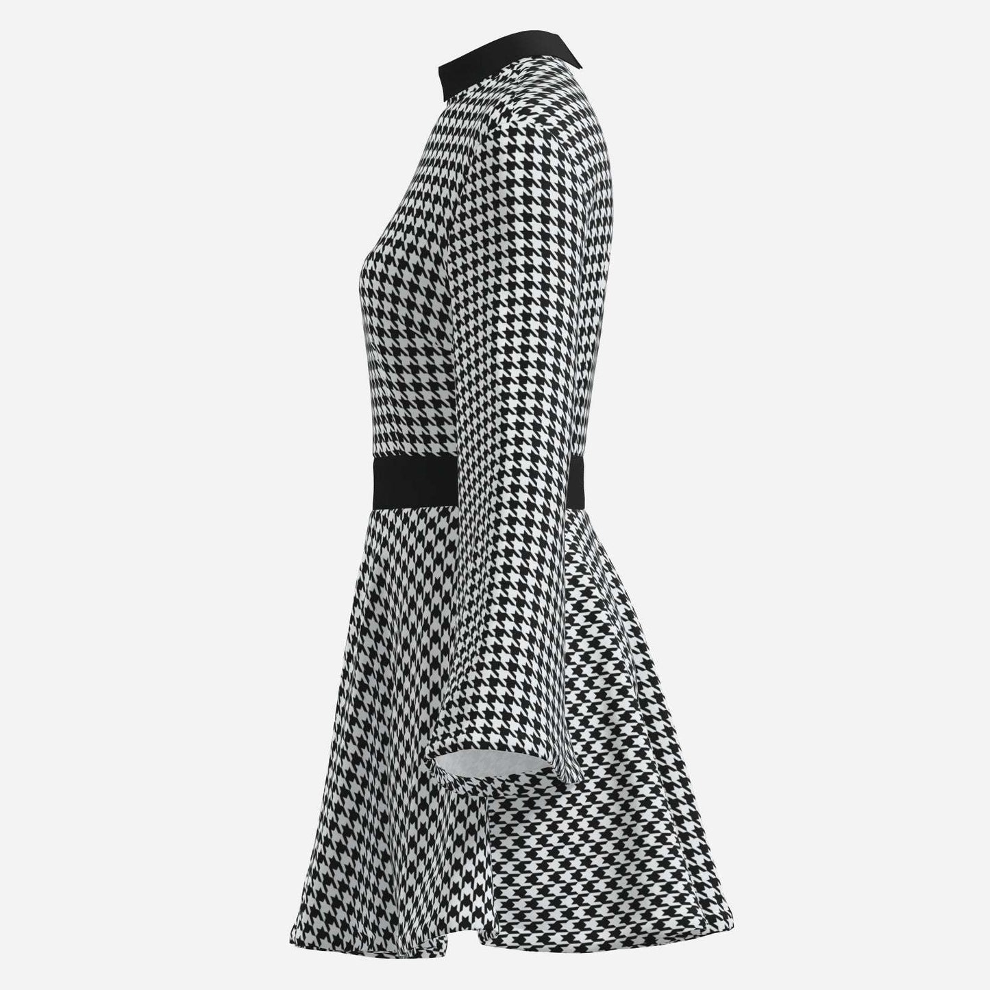 70s Dress Style, Retro Black Houndstooth Bell Sleeve Mini Dress | Retro Chiffon A-Line Disco Dress