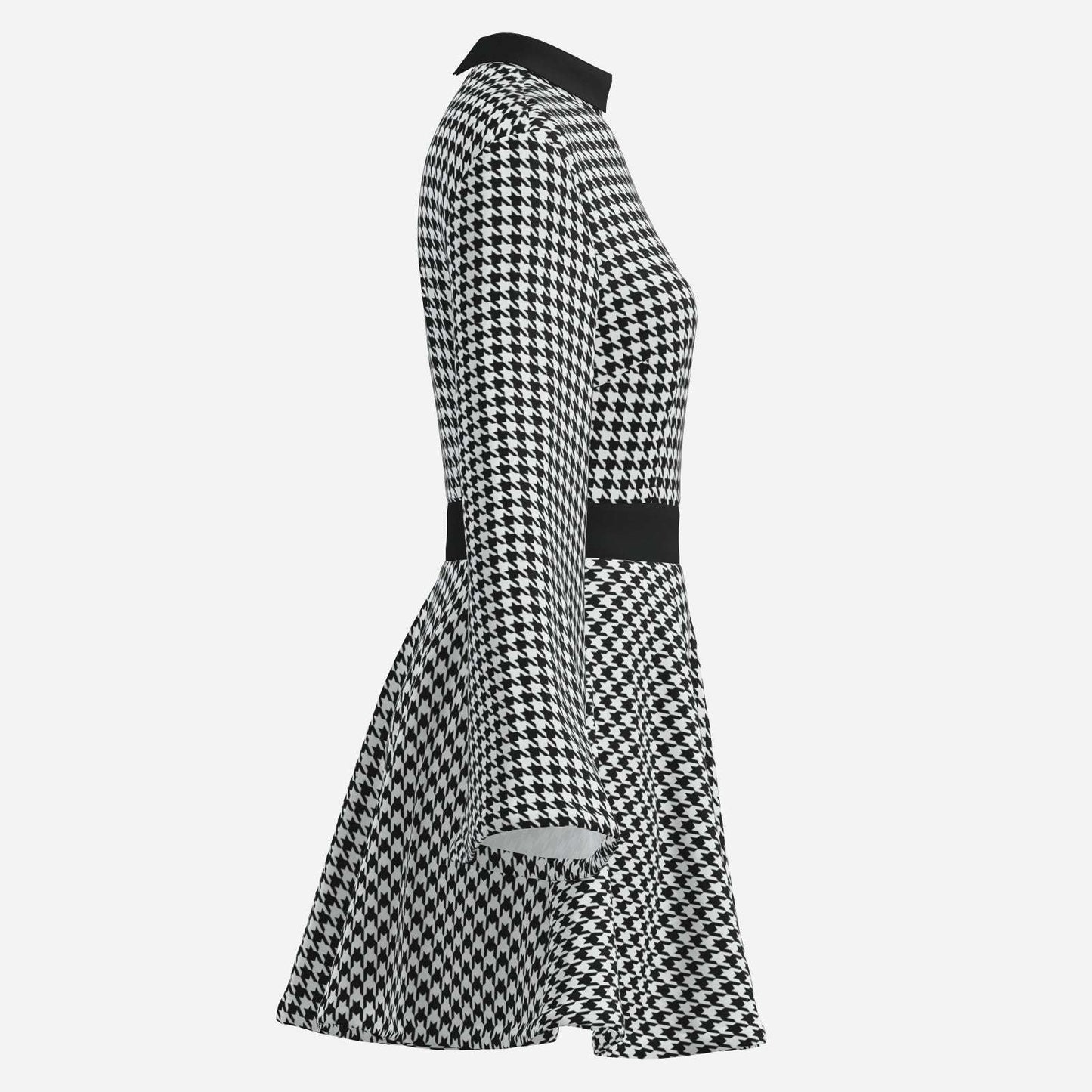 70s Dress Style, Retro Black Houndstooth Bell Sleeve Mini Dress | Retro Chiffon A-Line Disco Dress