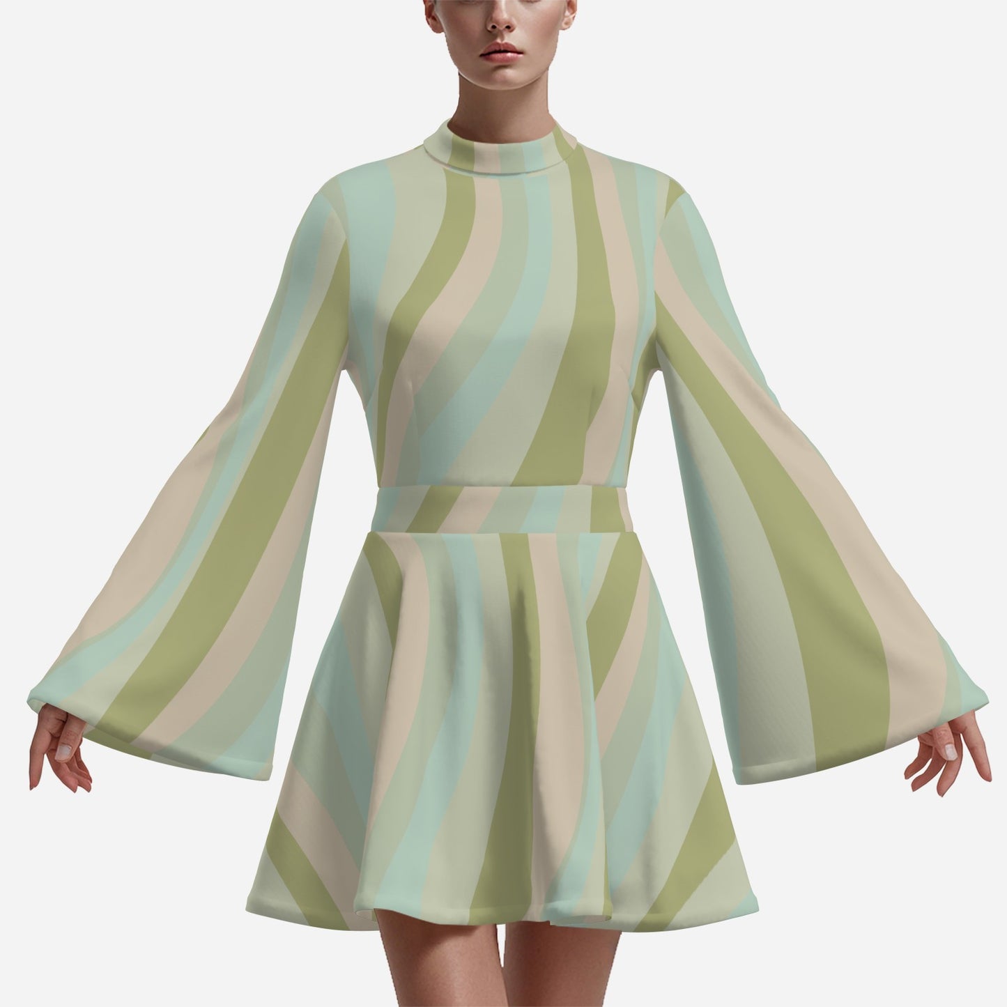 Green Boho 70s Dress Style | Green Pink Stripe Mini Dress | Retro Bell Sleeve Dress | Chiffon A-Line Dress