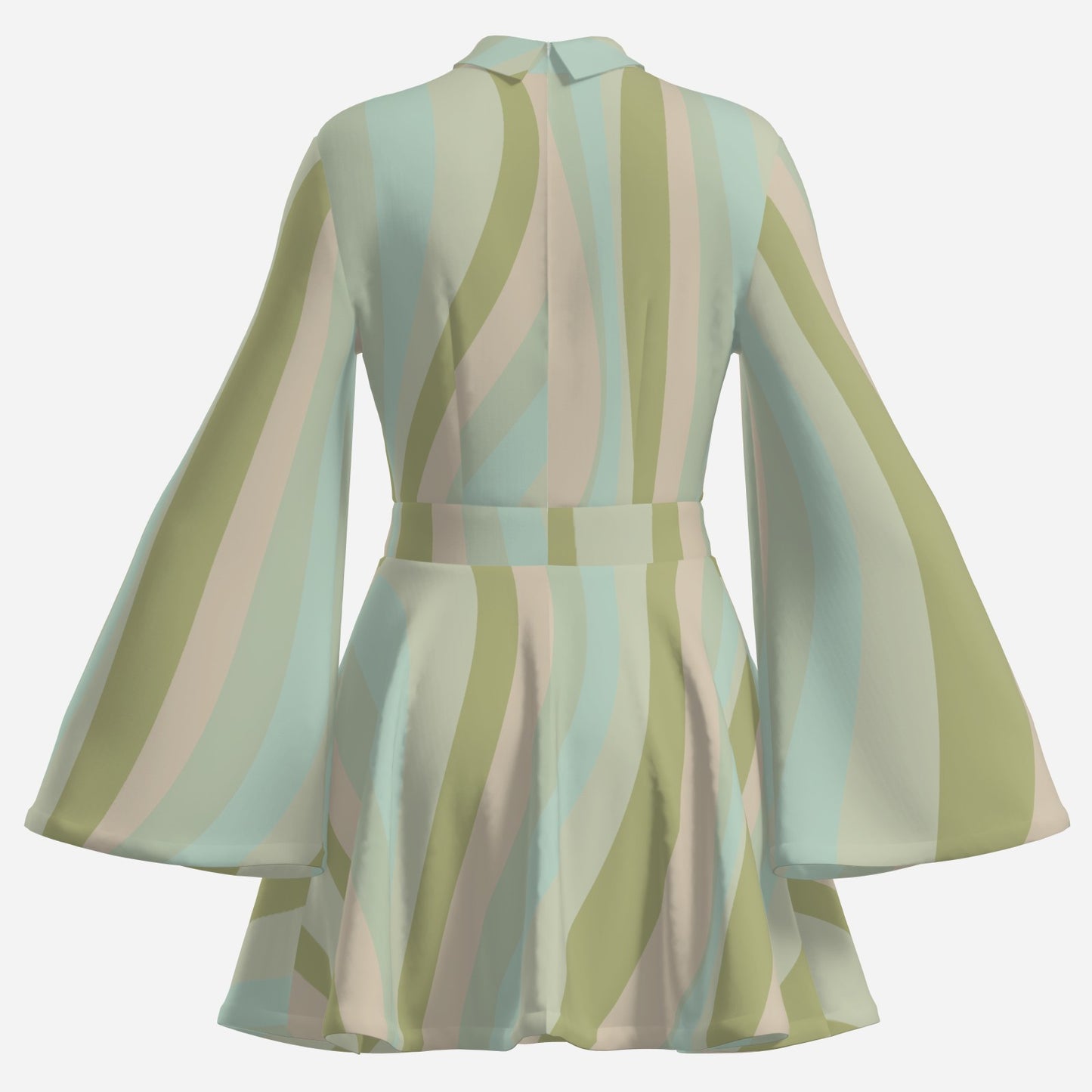 Green Boho 70s Dress Style | Green Pink Stripe Mini Dress | Retro Bell Sleeve Dress | Chiffon A-Line Dress