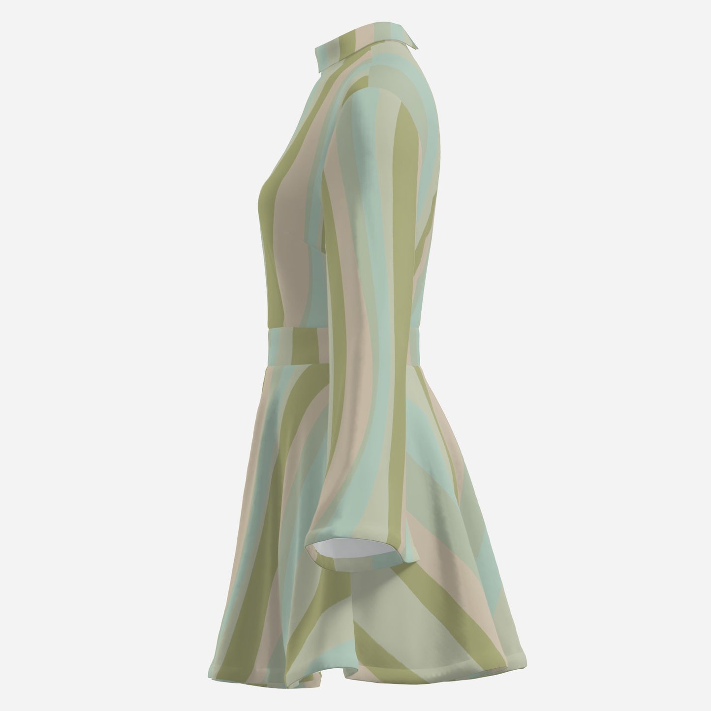 Green Boho 70s Dress Style | Green Pink Stripe Mini Dress | Retro Bell Sleeve Dress | Chiffon A-Line Dress