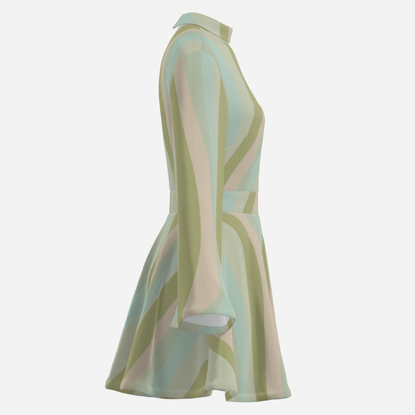 Green Boho 70s Dress Style | Green Pink Stripe Mini Dress | Retro Bell Sleeve Dress | Chiffon A-Line Dress