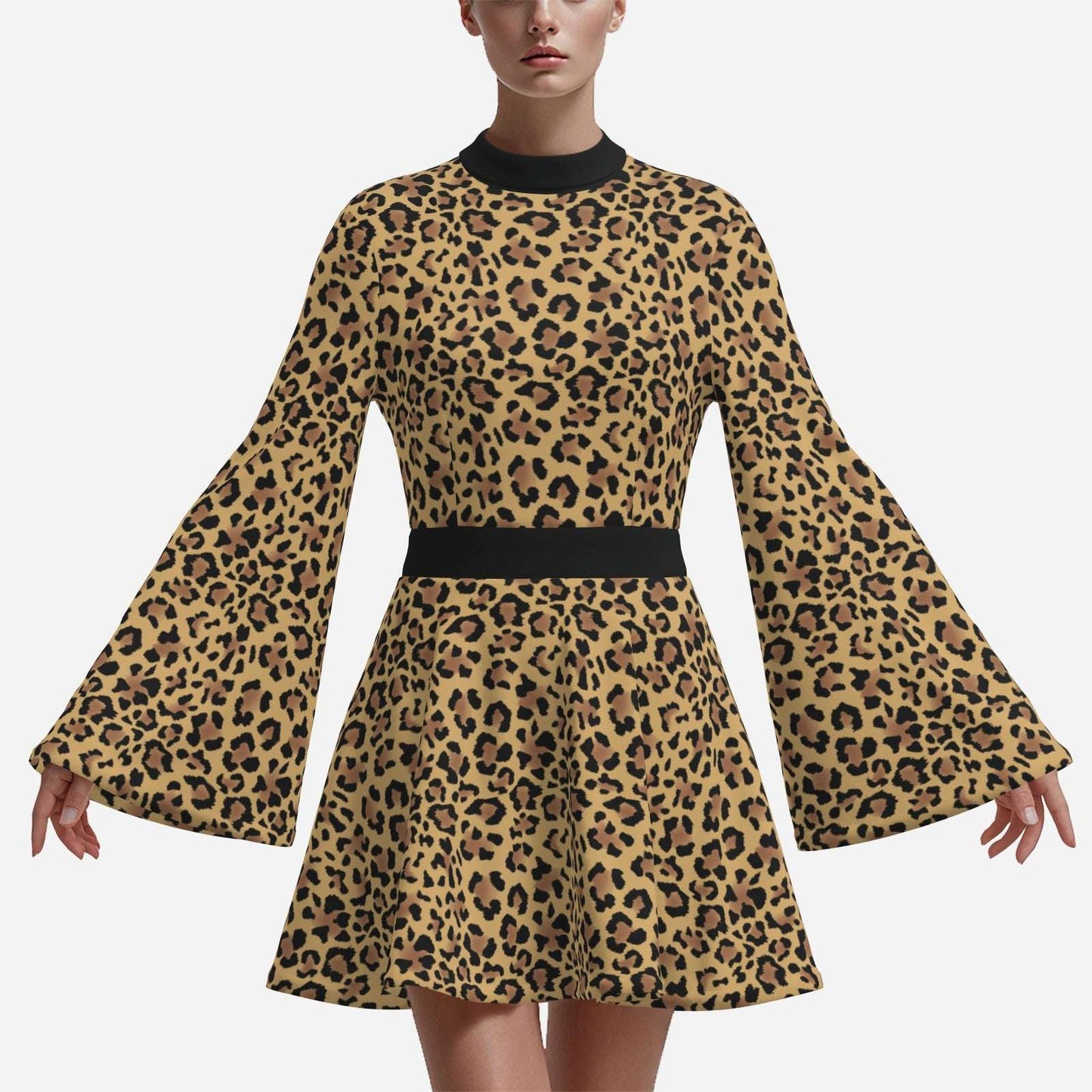 Animal Print 70s Dress Style | Retro Leopard Print Chiffon Bell Sleeve Mini Dress | 70s inspired Disco Dress