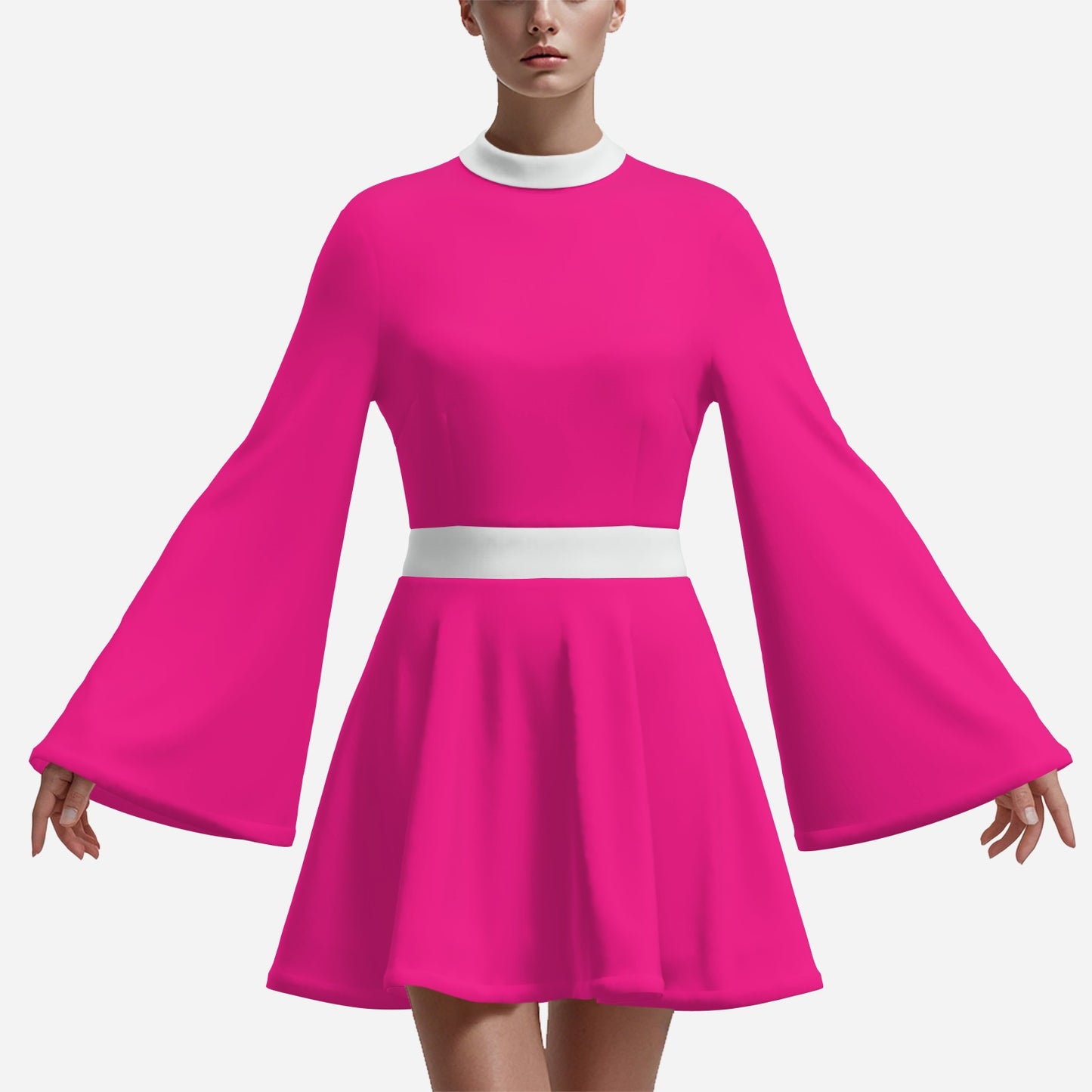 70s Dress Style | Vintage 70s Chiffon Dresses | Retro Pink & White Bell Sleeve Dress | A-Line 70s Mini Dresses