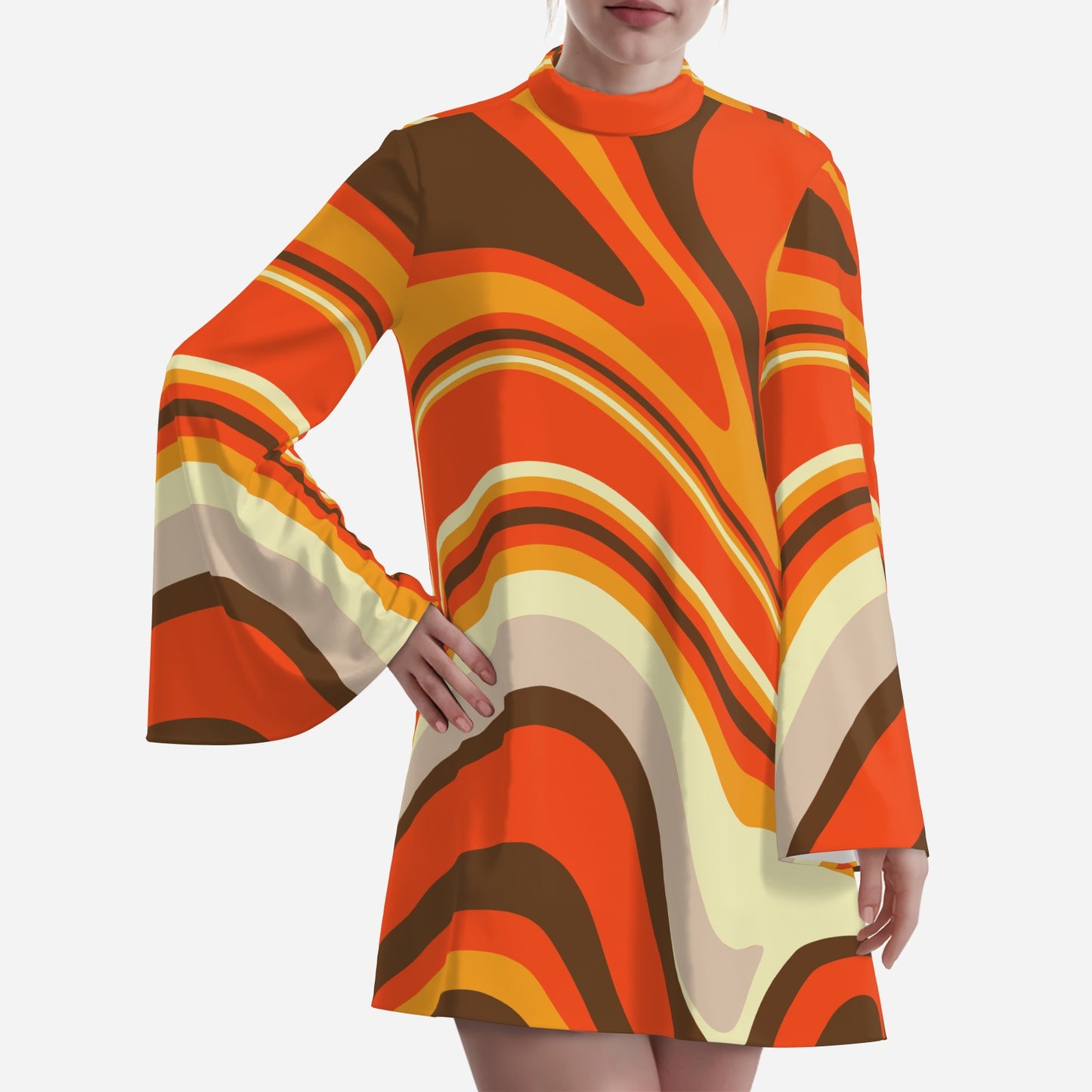 70s Dress Style, Boho Bell Sleeve Dress, 70s Dress Style, Orange Dress, Disco Dress, ChiffonTent Dress