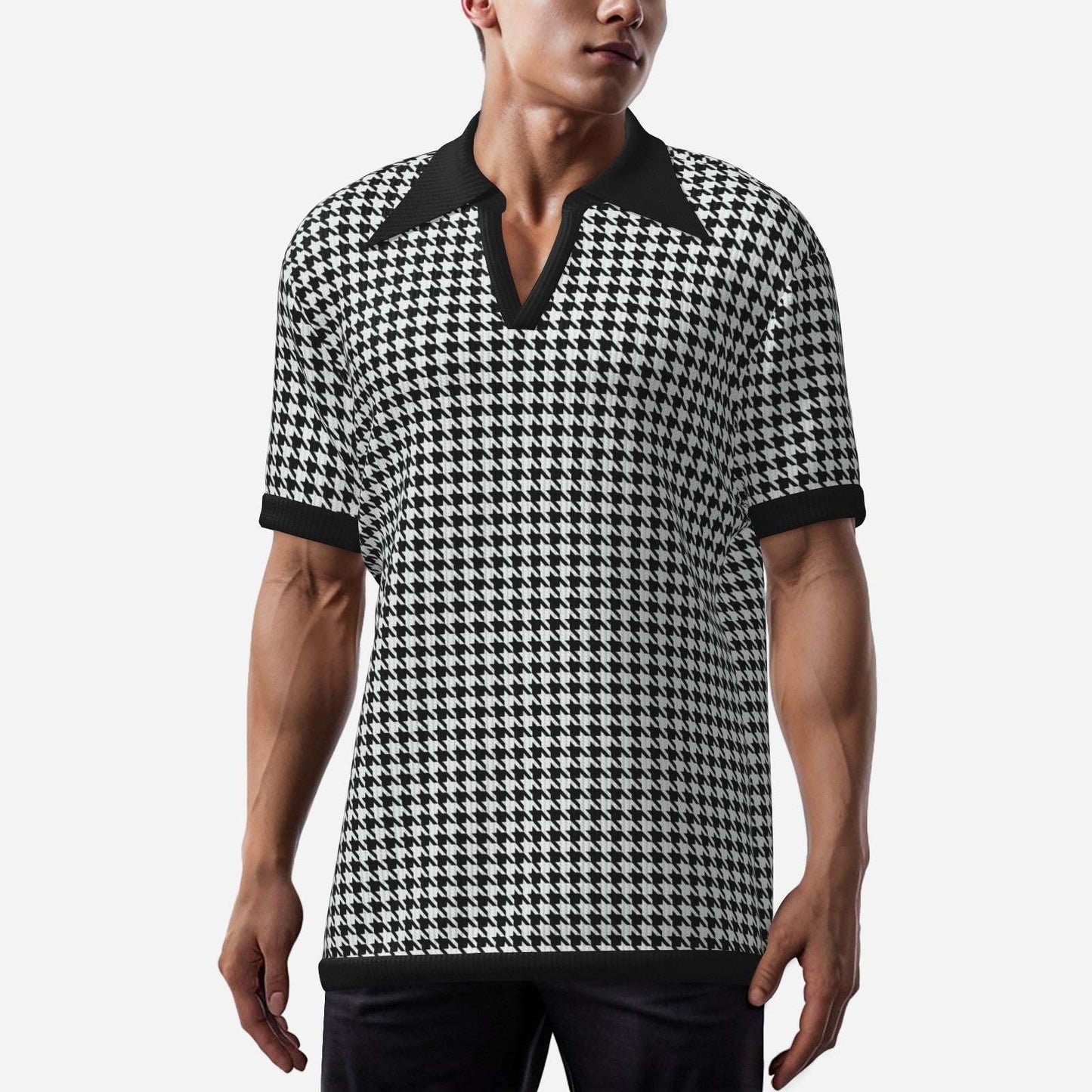Retro Men's Houndstooth Knit Polo Shirt | 60s 70s Style Dagger Wing Collar Shirt