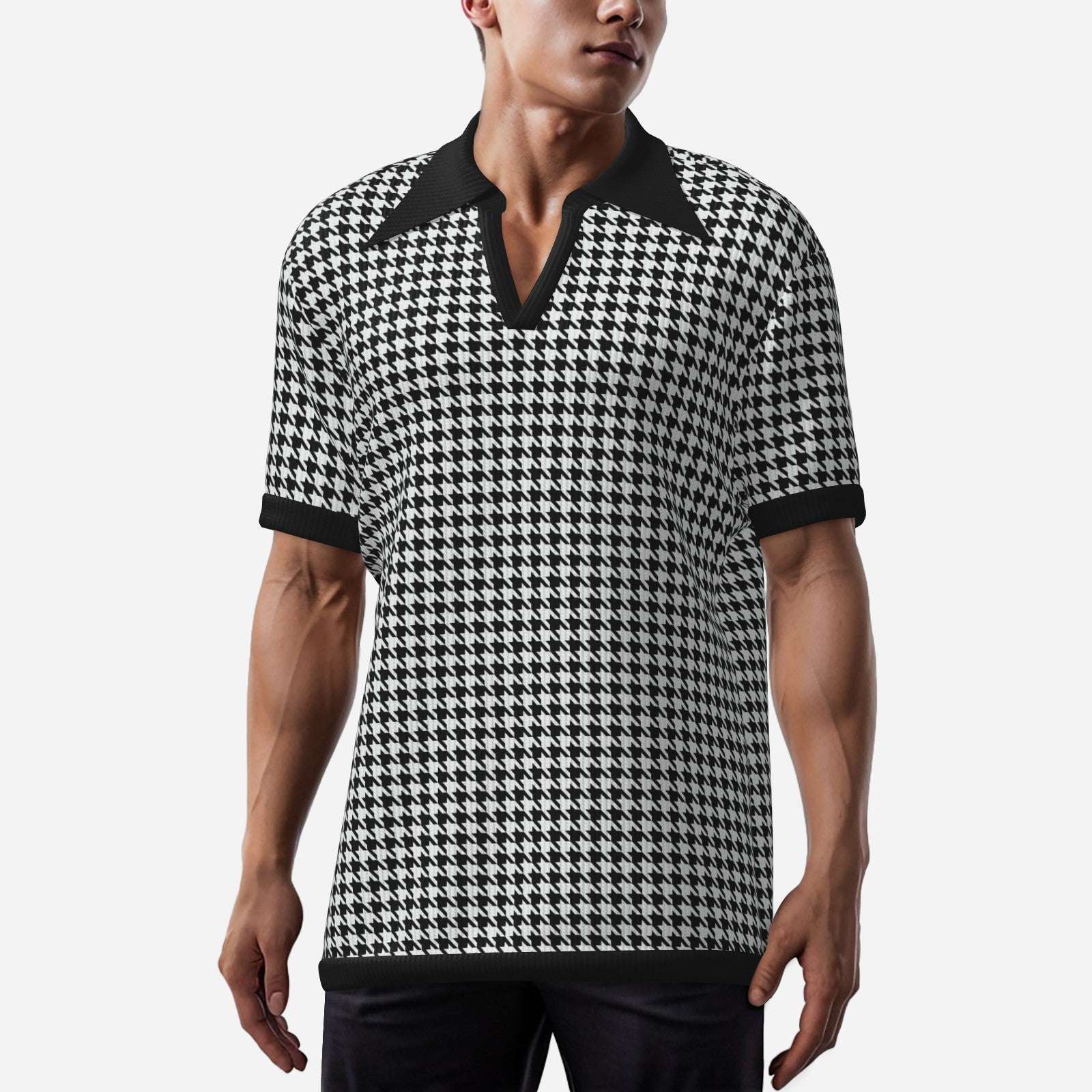Retro Men's Houndstooth Knit Polo Shirt | 60s 70s Style Dagger Wing Collar Shirt