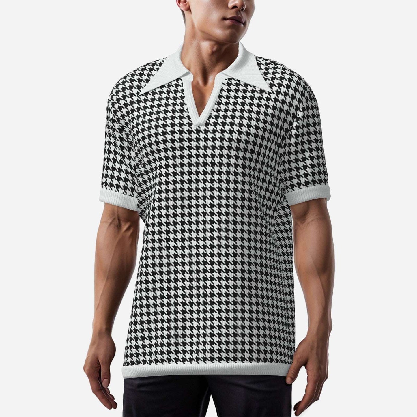 Retro Men's Houndstooth Knit Polo Shirt | 60s 70s Style Wing Collar Shirt | Houndstooth Shirt Men