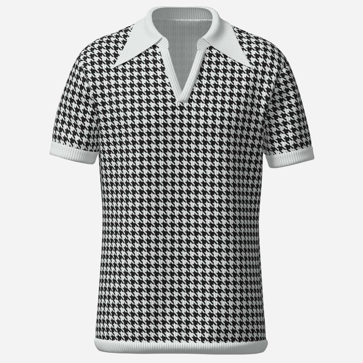 Retro Men's Houndstooth Knit Polo Shirt | 60s 70s Style Wing Collar Shirt | Houndstooth Shirt Men