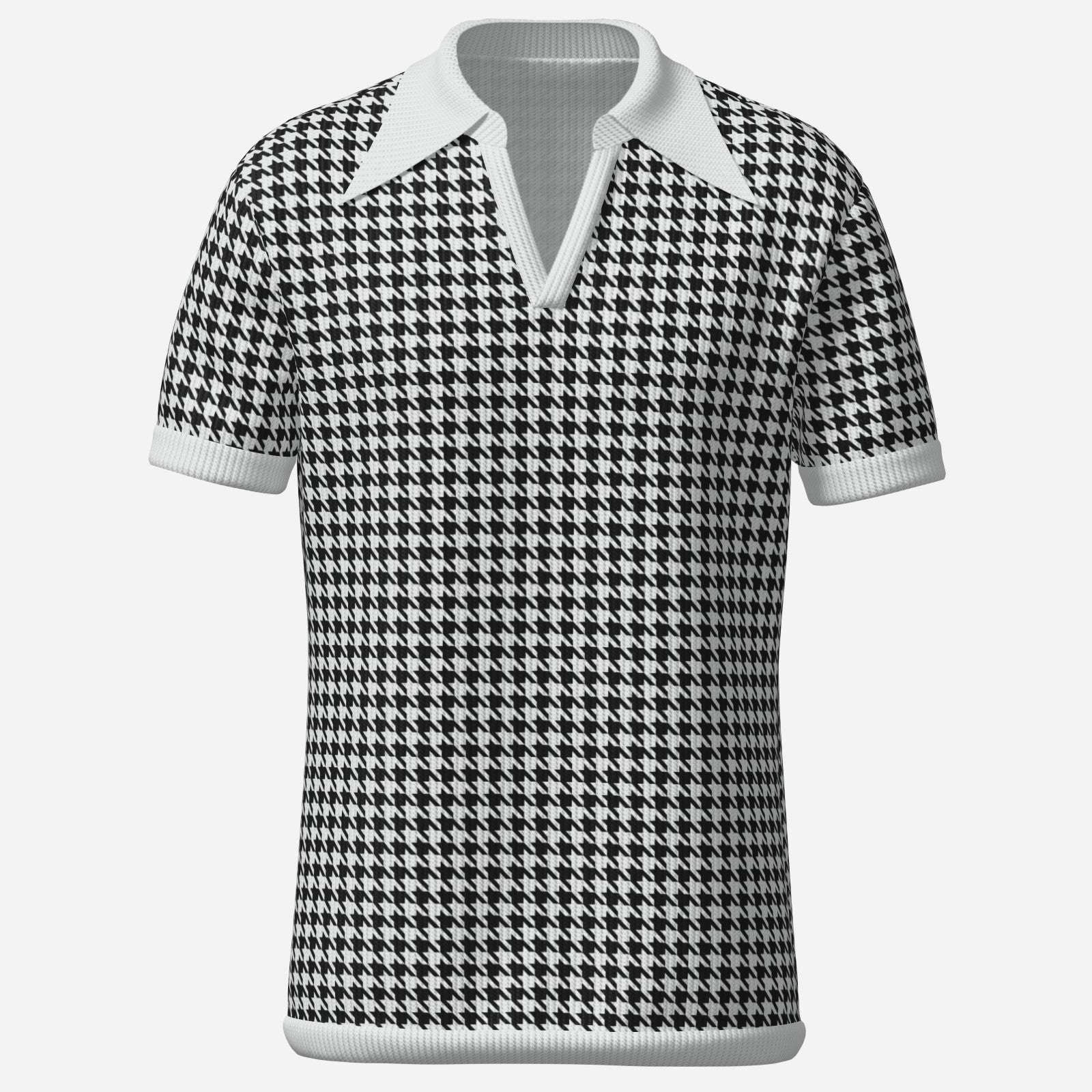 Retro Men's Houndstooth Knit Polo Shirt | 60s 70s Style Wing Collar Shirt | Houndstooth Shirt Men
