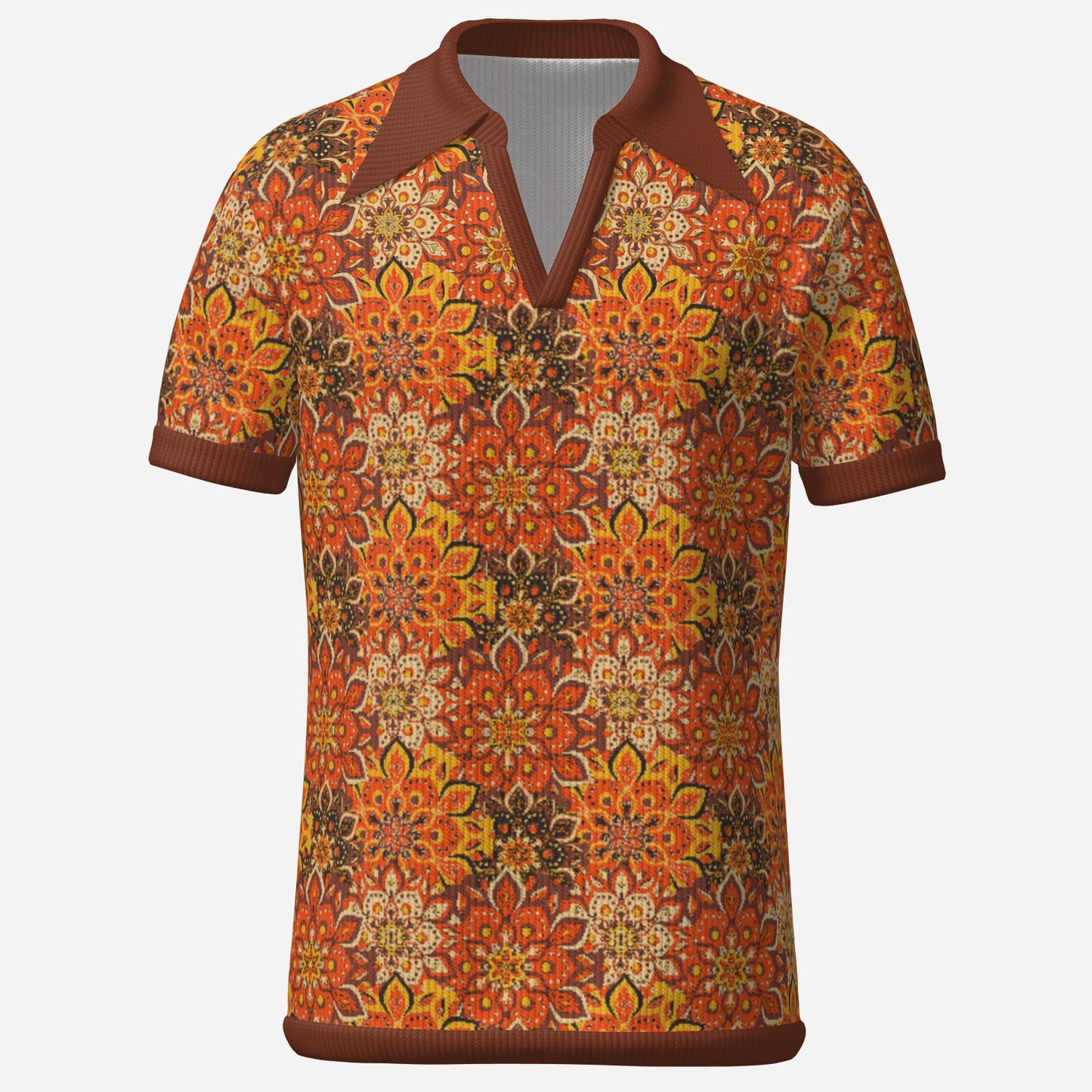 70s shirt style, Retro knit Polo Shirt, 70s Hippie Shirt Men, Brown Orange Floral Polo Shirt