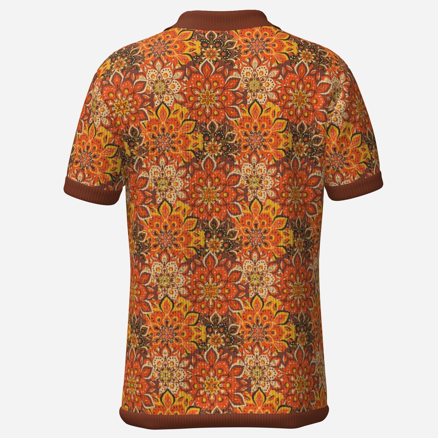 70s shirt style, Retro knit Polo Shirt, 70s Hippie Shirt Men, Brown Orange Floral Polo Shirt