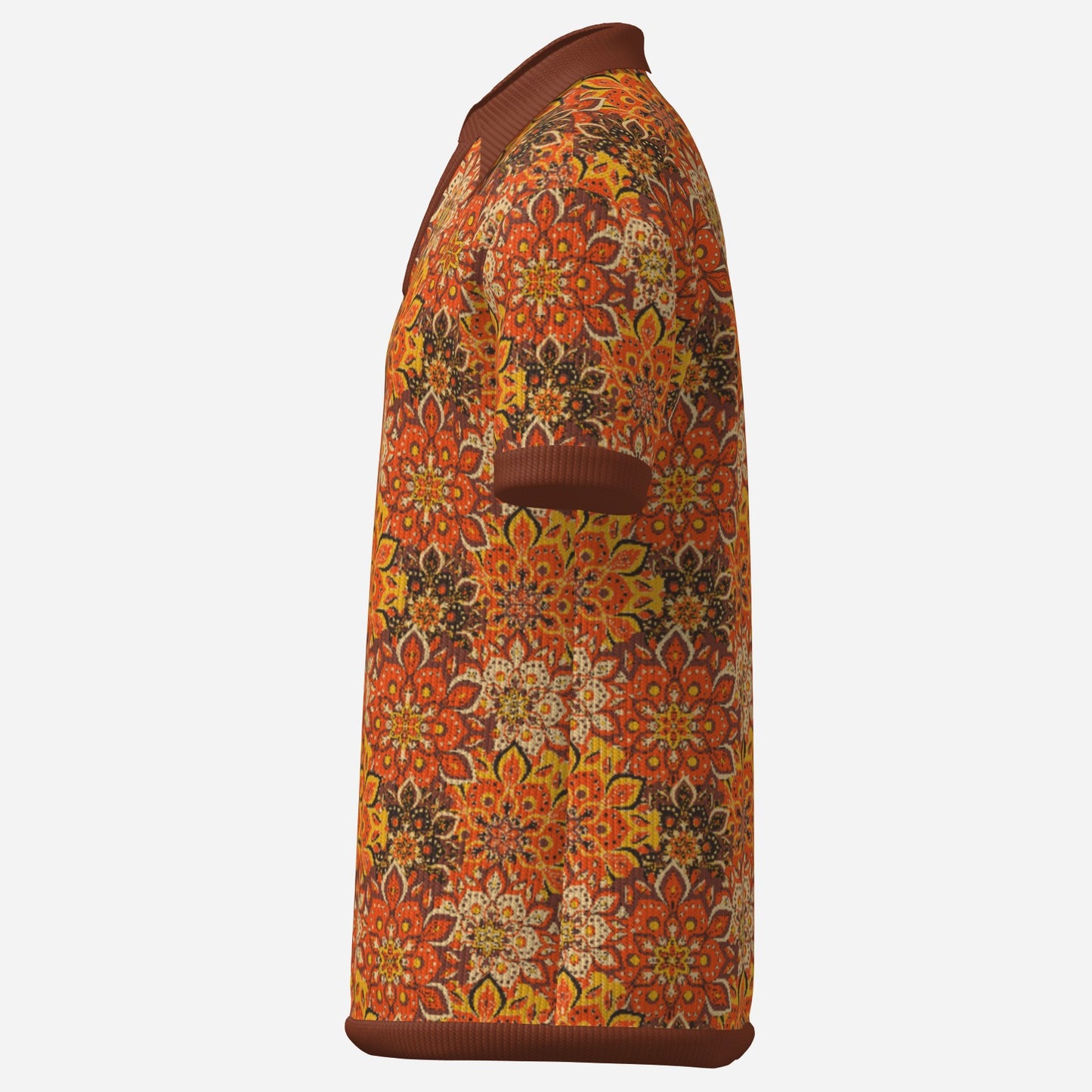 70s shirt style, Retro knit Polo Shirt, 70s Hippie Shirt Men, Brown Orange Floral Polo Shirt