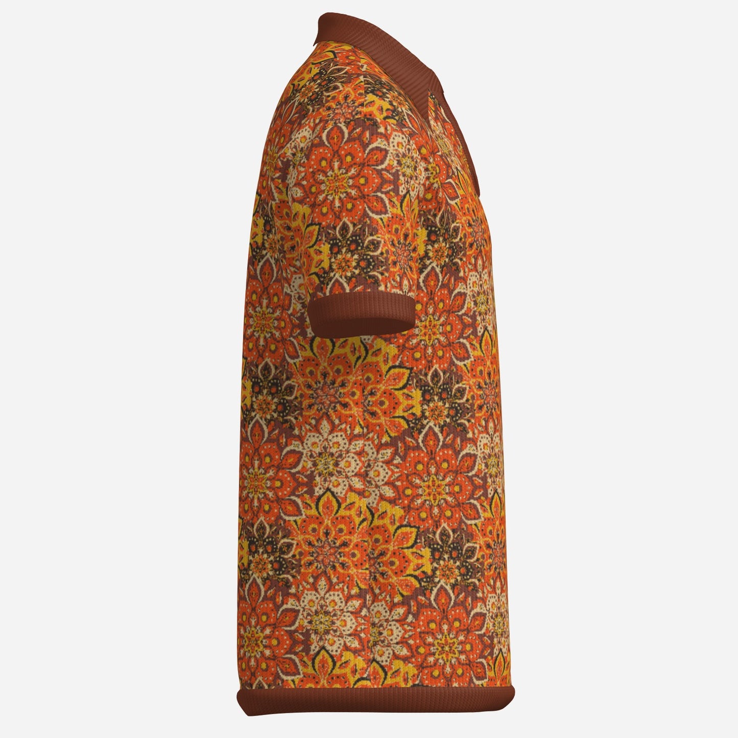 70s shirt style, Retro knit Polo Shirt, 70s Hippie Shirt Men, Brown Orange Floral Polo Shirt