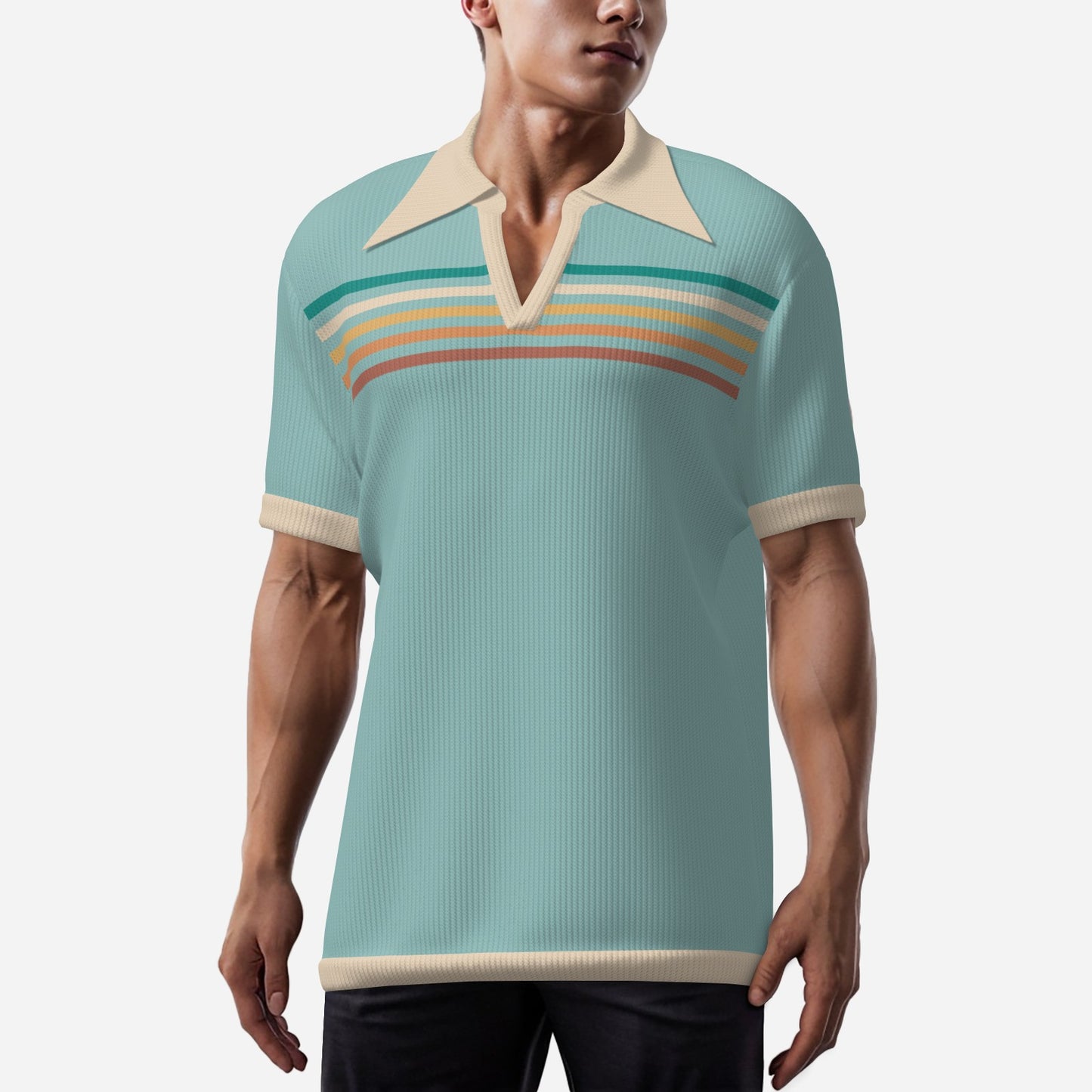 Retro Polo Shirt, Men's 70s Wing Collar Shirt, Blue Stripe Knit Polo Shirt, 70s Style Shirt Men