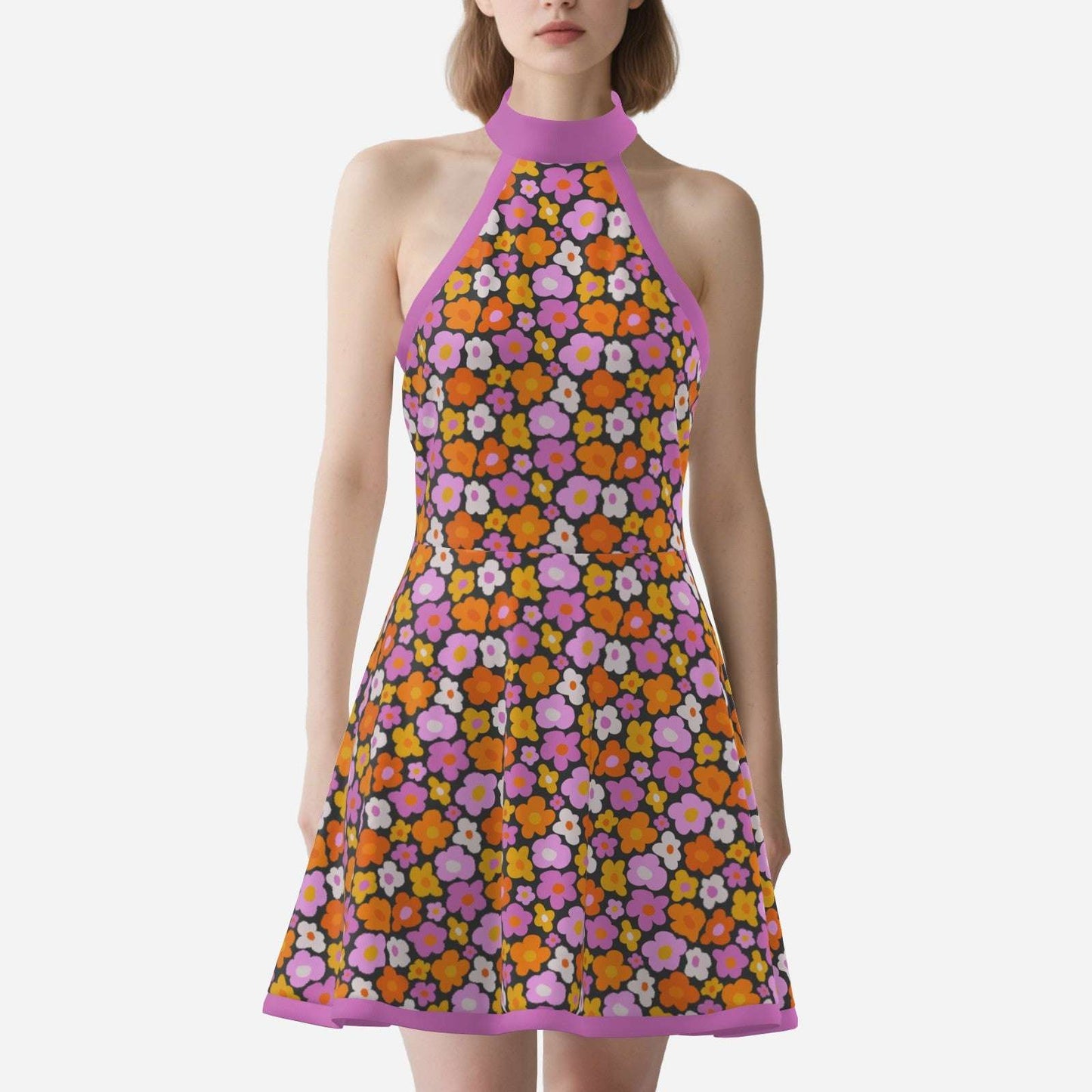 60s Dress Style, Floral Pink Mod Dress, 60s inspired mini dress, 60s Go Go Dress, Halter mini dress