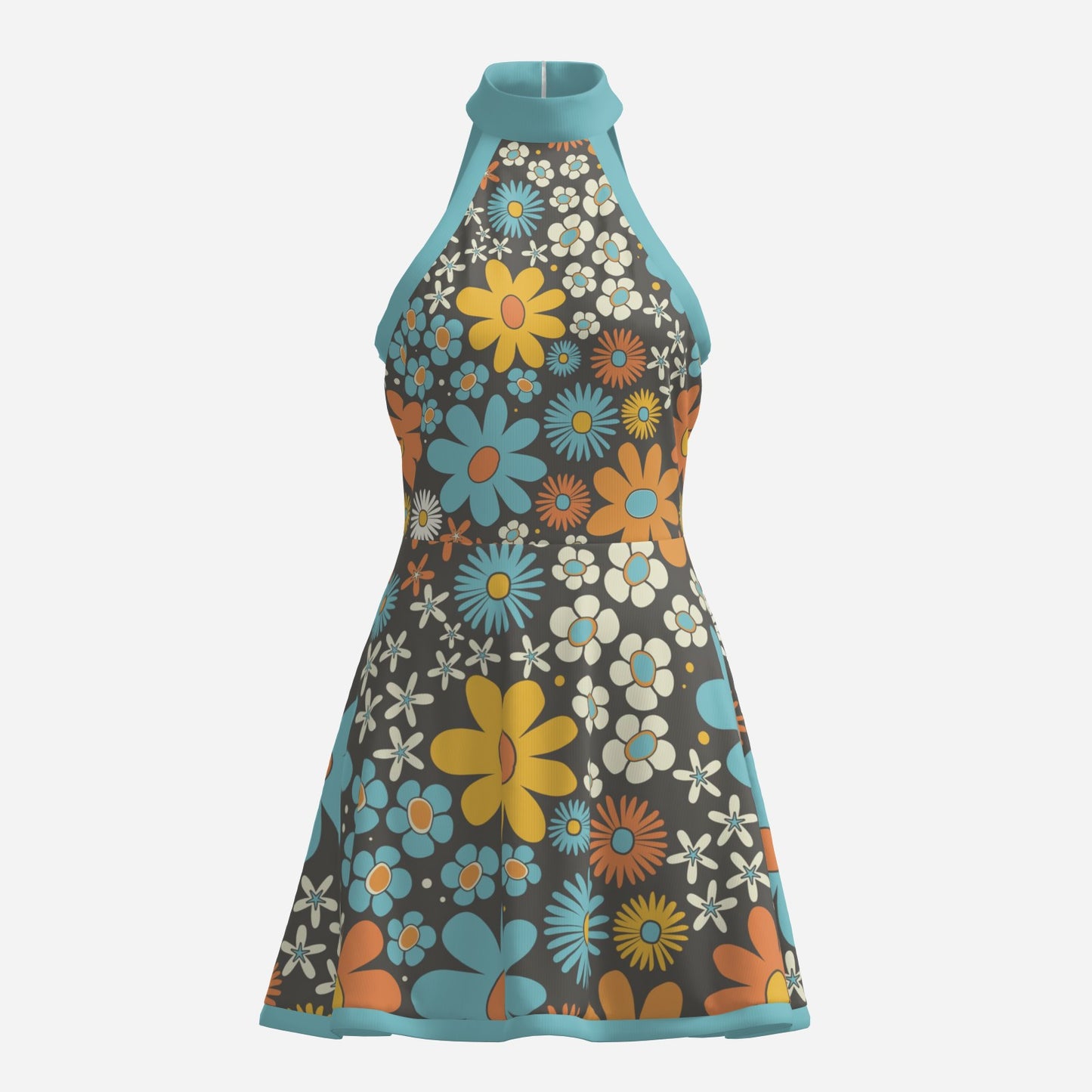 60s Dress Style | Blue Halter Dress | Floral Mini Dress – Go-Go Style Dress | A-line mini dress