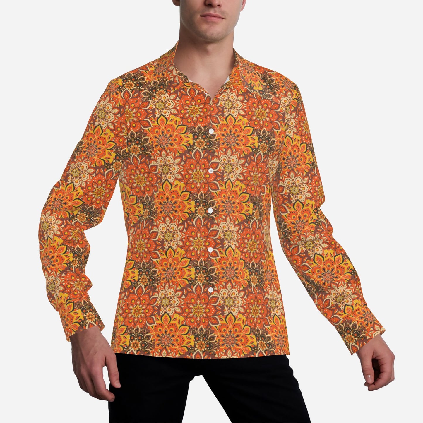 70s Style Shirt, Retro 70s Men's Shirt | Orange Hippie Boho Shirt | Wing Collar Disco Top