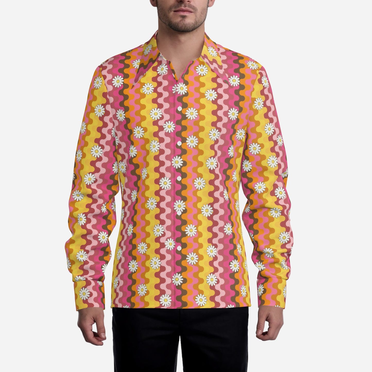 Groovy 70s Floral Shirt Style – Wing Collar Hippie Top | Men's Psychedelic Boho Shirt | Disco Shirt Men