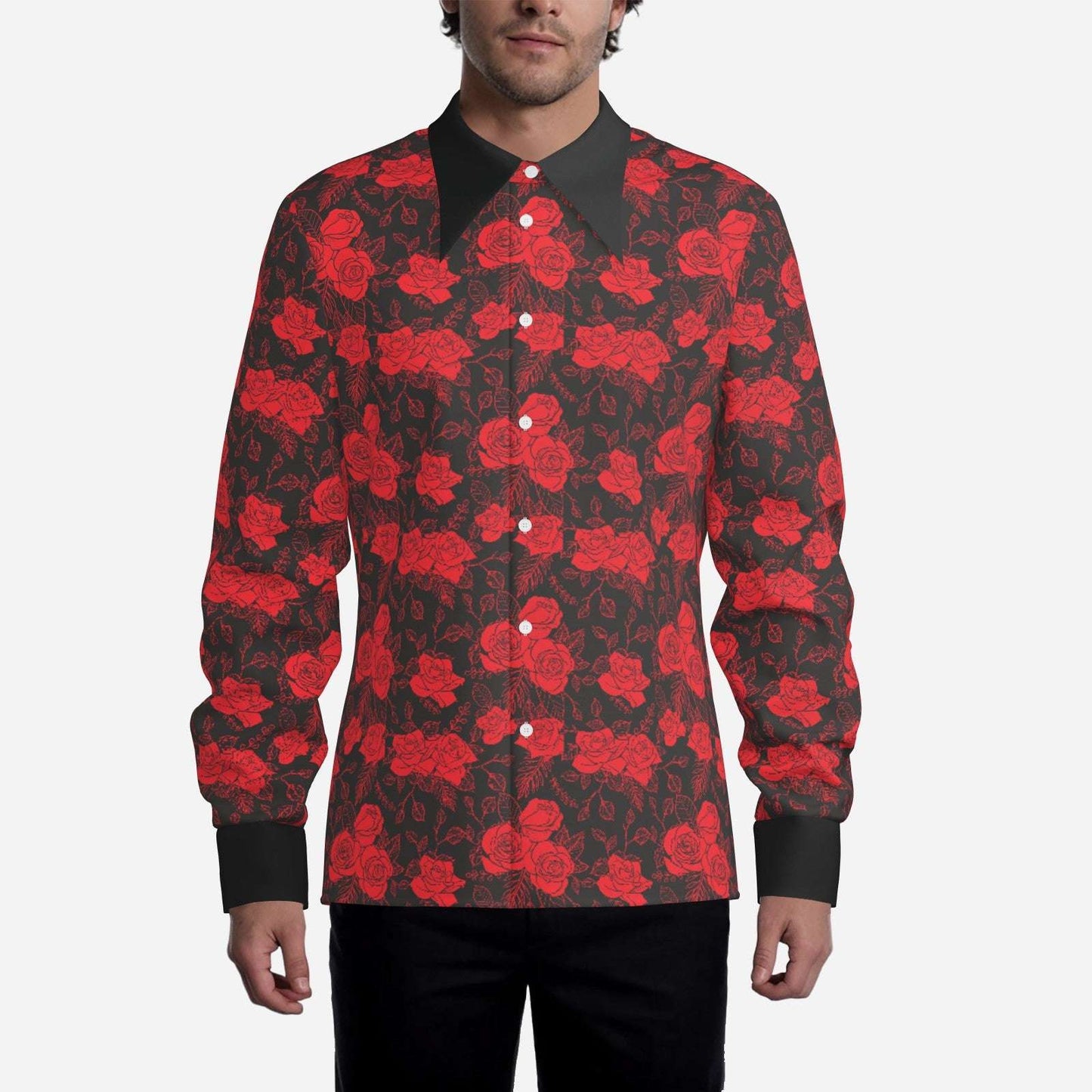 Groovy 70s Men's Rose Print Shirt | Wing Collar Hippie Shirt | Retro Disco Floral Top