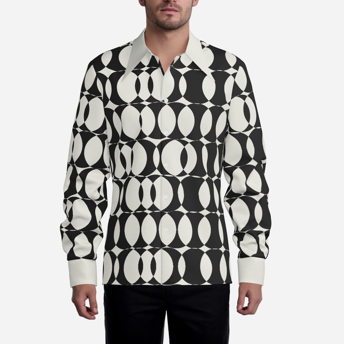 Men's 70s Style Shirt, Op Art Shirt, Black and White Geometric Shirt, Wing Collar Shirt
