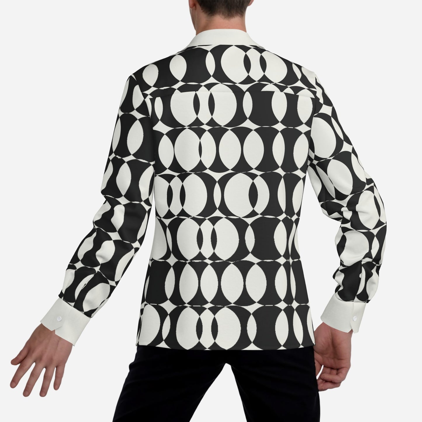 Men's 70s Style Shirt, Op Art Shirt, Black and White Geometric Shirt, Wing Collar Shirt