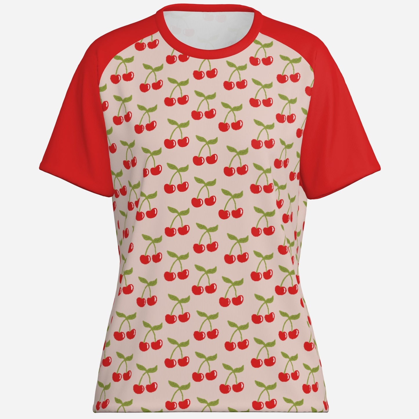 Women’s Retro T-Shirt | Pin-Up Cherry Print Raglan Tee | Vintage Style Cotton Top | Red Raglan Summer Shirt