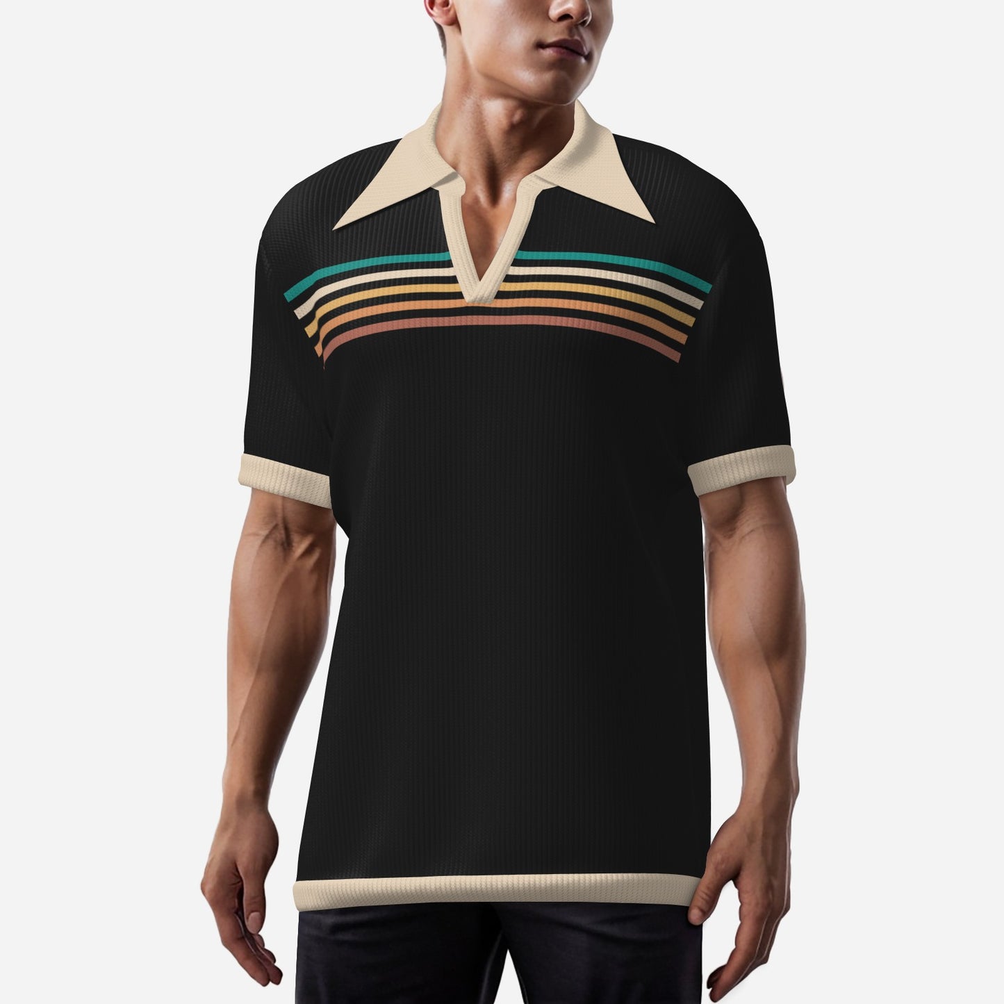 Retro Polo Shirt, Men's 70s Wing Collar Shirt, Brown Stripe Polo Shirt, 70s polo shirt men