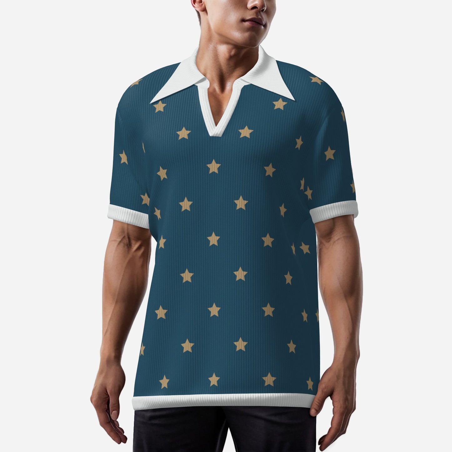 Retro Polo Shirt, 70s Wing Collar Shirt, Blue Star shirt, Blue Knit polo Shirt, Star print shirt