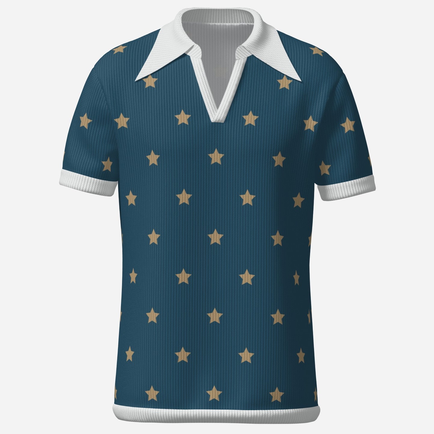 Retro Polo Shirt, 70s Wing Collar Shirt, Blue Star shirt, Blue Knit polo Shirt, Star print shirt