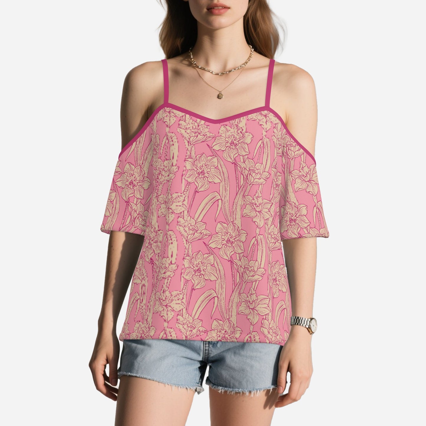 Women’s Neon Pink Floral Off Shoulder Top | Eco-Friendly Imitation Cotton Flutter Sleeve Blouse