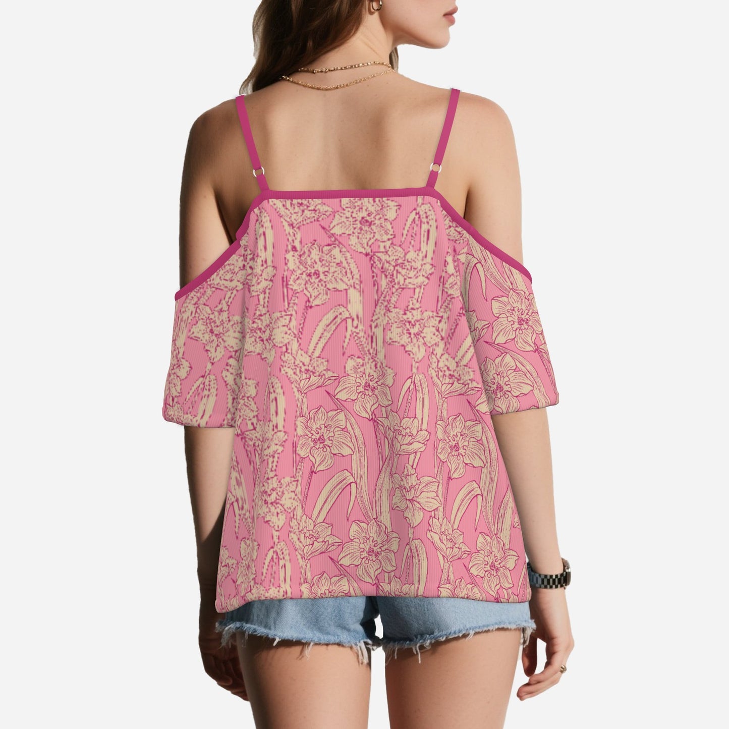 Women’s Neon Pink Floral Off Shoulder Top | Eco-Friendly Imitation Cotton Flutter Sleeve Blouse