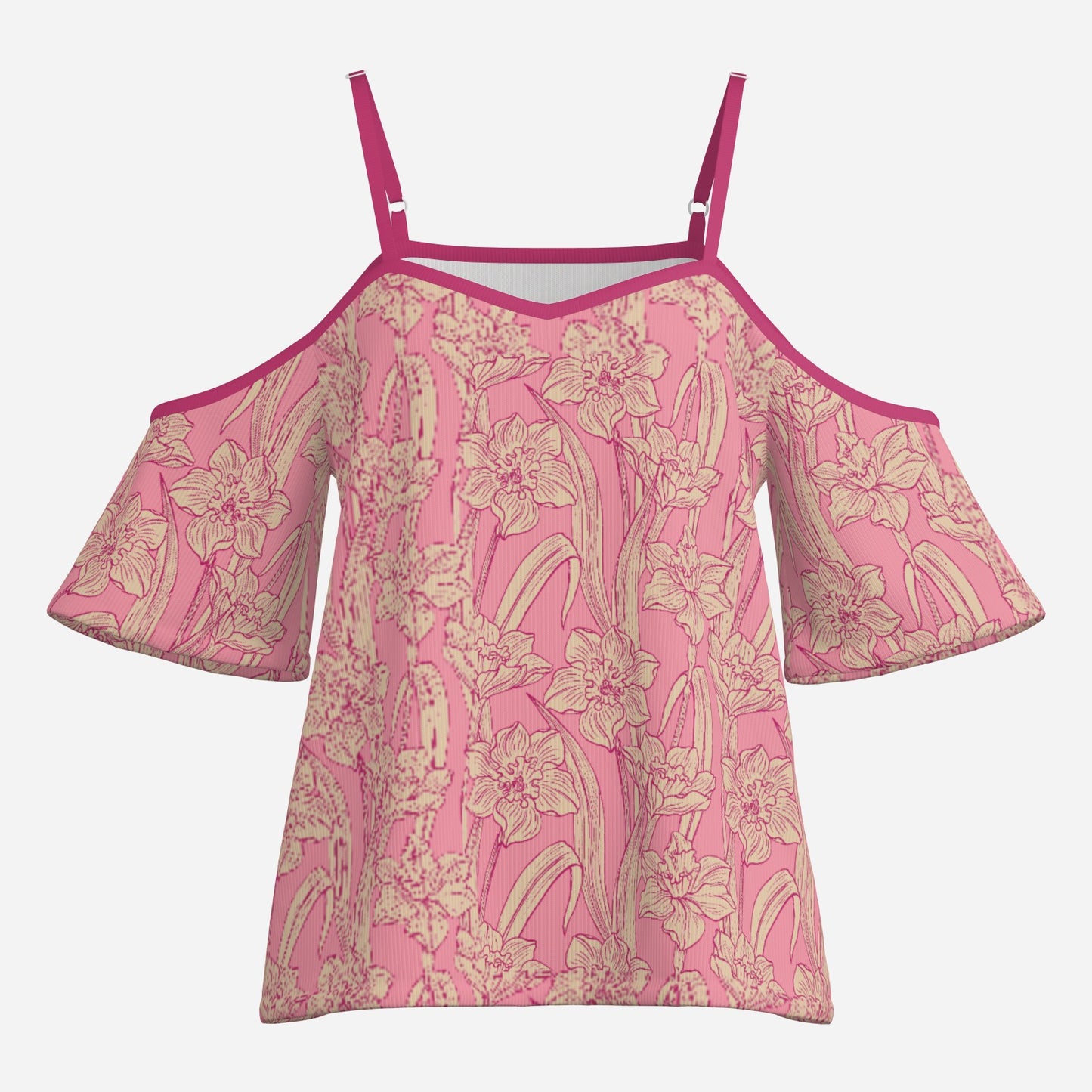 Women’s Neon Pink Floral Off Shoulder Top | Eco-Friendly Imitation Cotton Flutter Sleeve Blouse