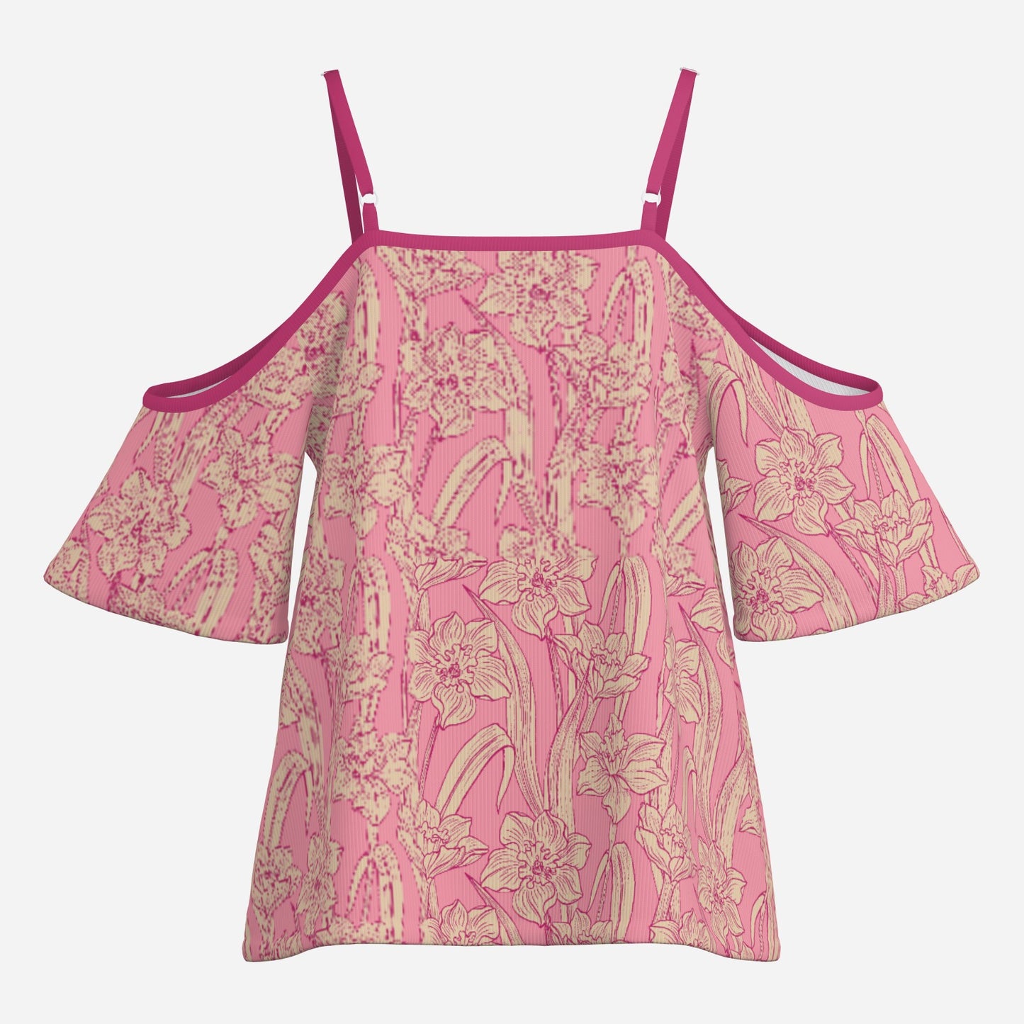 Women’s Neon Pink Floral Off Shoulder Top | Eco-Friendly Imitation Cotton Flutter Sleeve Blouse