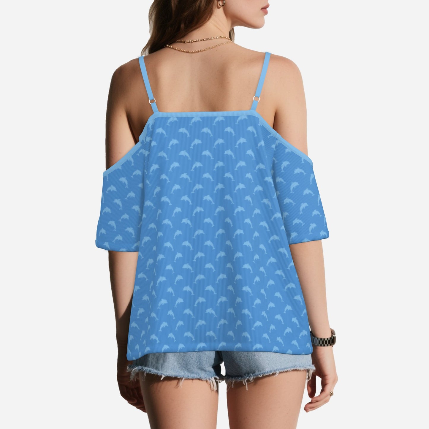 Women’s Dolphin Print Blue Off Shoulder Top | Eco-Friendly Imitation Cotton Flutter Sleeve Blouse