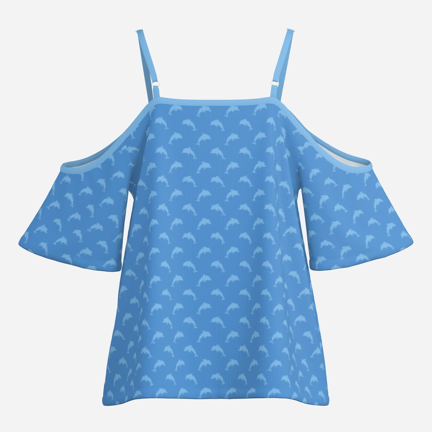Women’s Dolphin Print Blue Off Shoulder Top | Eco-Friendly Imitation Cotton Flutter Sleeve Blouse