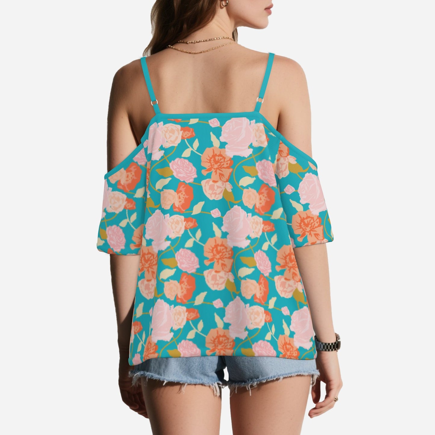 Women’s Turquoise Off Shoulder Top | Eco-Friendly Imitation Cotton Flutter Sleeve Floral Blouse