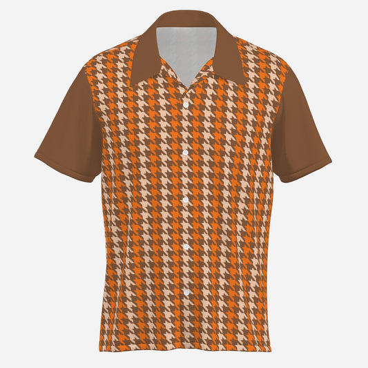 70s Style Shirt Men | Retro Orange Brown Houndstooth Shirt | Vintage Houndstooth Short Sleeve Shirt |