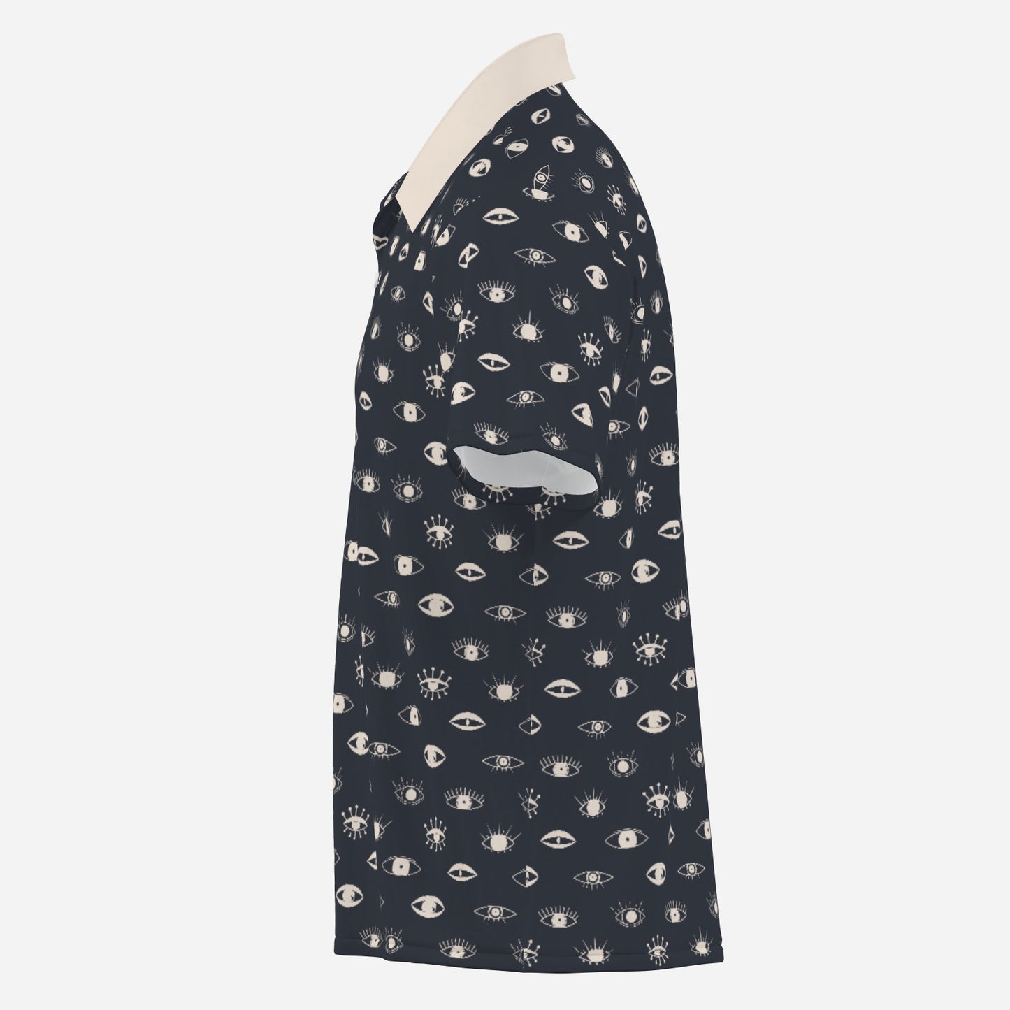 Retro Black Shirt Men | Artistic Eye Print Shirt | Unique 50s Inspired Shirt | Contrasting Beige Collar |